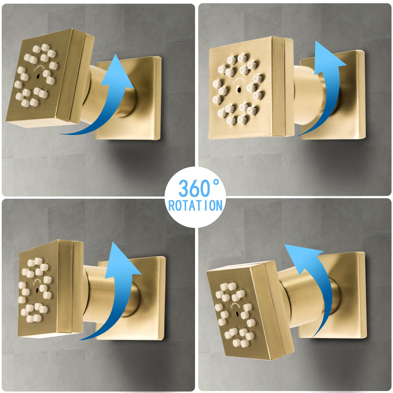 Drettyer 2-Function Shower Body Sprays Jet High Pressure Wall Mount Brass Square Showerhead Spa Massage Shower Sprayer Nozzles with Adjustable Swivel Ball(Brushed Gold,6PCS)