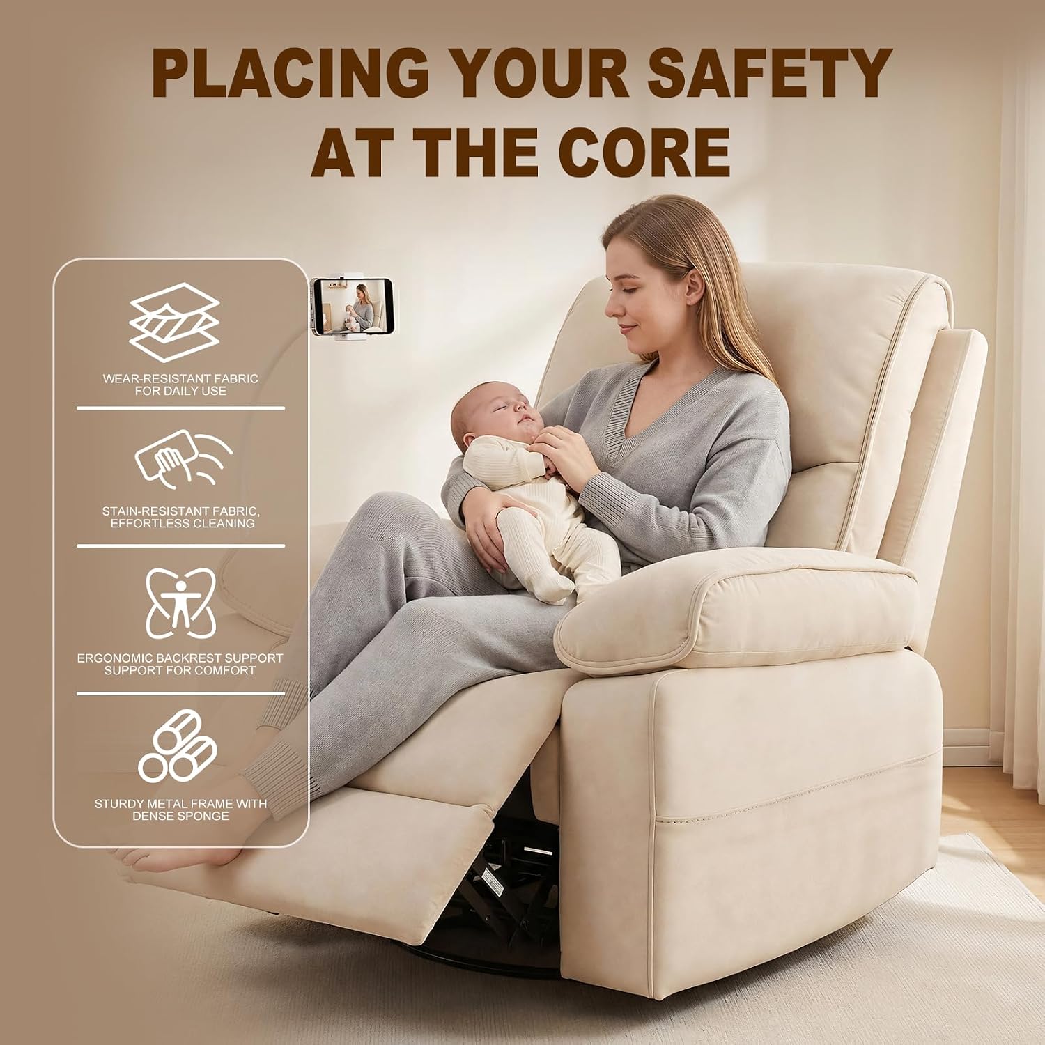 360° Swivel Glider Rocking Chair Nursery， Oversized Recliner with Phone Holder，Nursing Chairs for Breastfeeding with Wide Foot Rest for Living Room and Baby Room,Linen