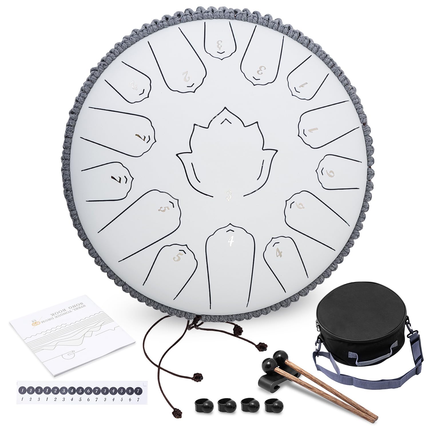 Tambour à langue en acier de 33 cm à 15 notes, avec sac de voyage en C, pagaies de doigt et livre de musique, percussion à main pour l'éducation musicale, la méditation, le yoga, cadeaux (blanc titane