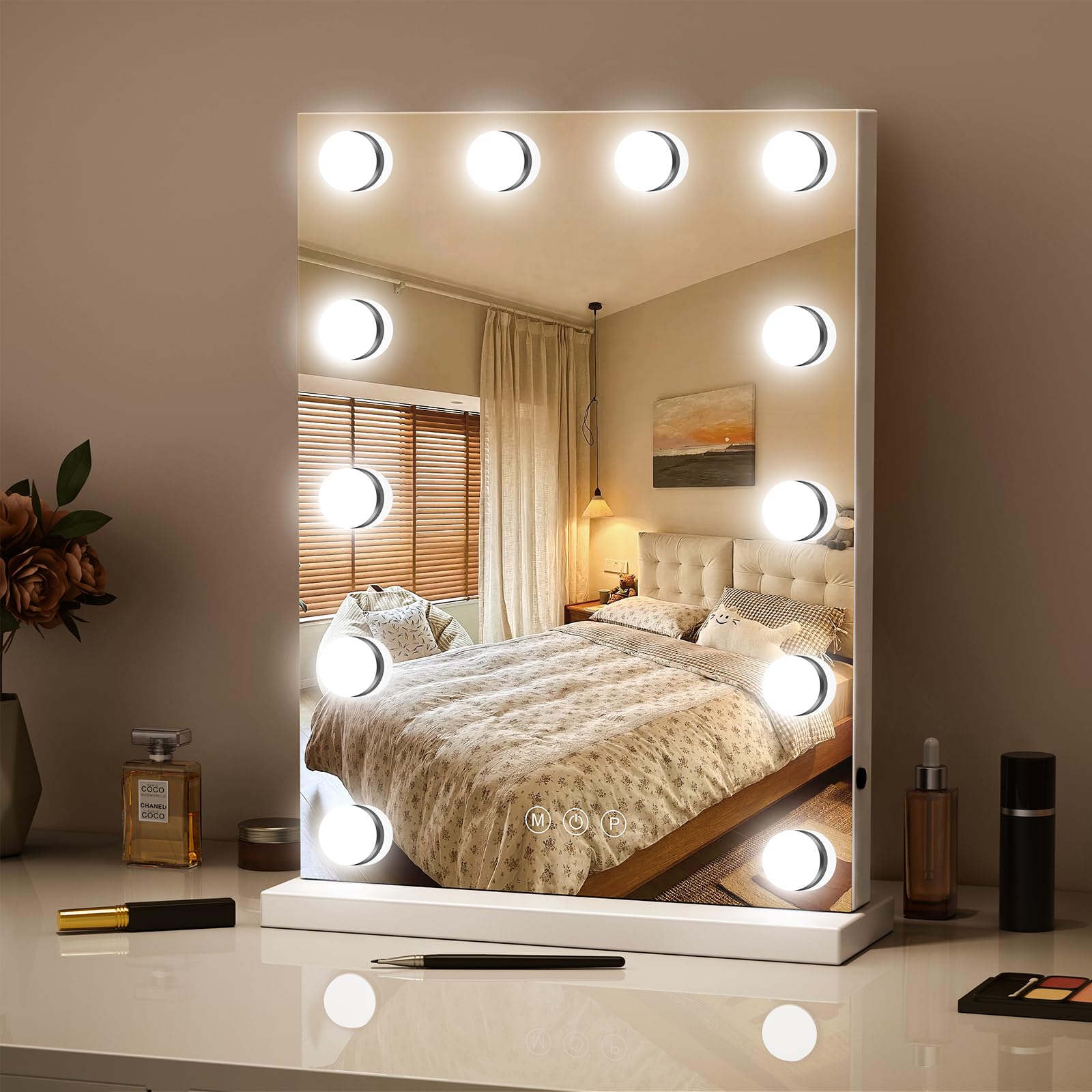 umvo Hollywood Vanity Mirror with LED Lights – Tabletop or Wall Mounted Makeup Mirror, Touch Control, 3 Color Modes, Dimmable with Smart Memory for Bathroom, Bedroom Gift(30x48cm)