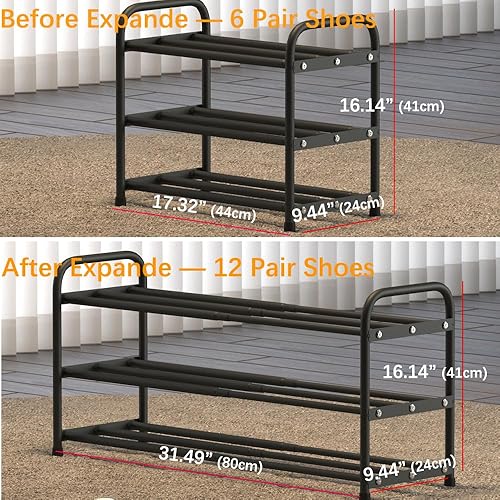 Miniatura 3 de Zapatero expandible de 3 niveles, longitud ajustable de 17.3 a 31.5 pulgadas, organizador de zapatos de metal resistente para almacenamiento para