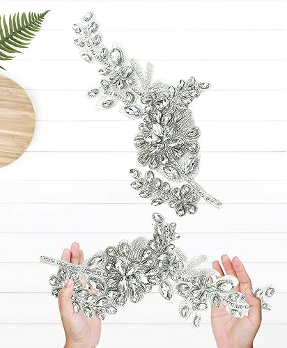 Miniatura 2 de 1 par de apliques hechos a mano con diamantes de imitación de flores para ropa, parches de tela de cristal para vestido de novia, apliques de encaje