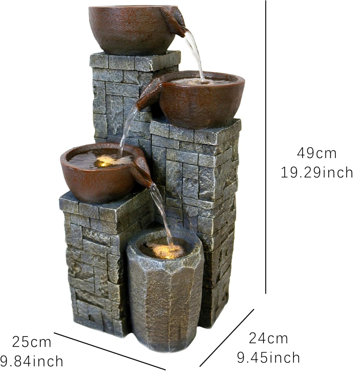 Outdoor Water Fountain with LED Lights, Resin Bowl Waterfall Fountain for Garden Decor Indoor Outdoor Use, 10.2"x6.9"x15.7" (Brown)