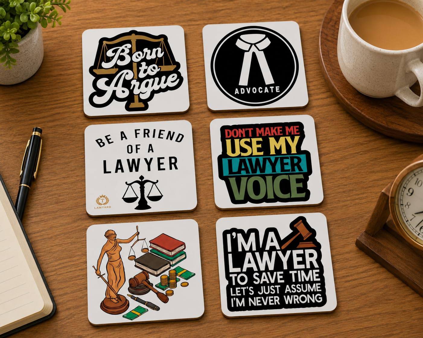 TAJNAN Lawyer Printed Coaster Set of 6 Beautiful Wooden Coasters with Plastic Coating Proper Coaster Stand Designer Coaster Set Fit for Tea Cups,Coffee Mugs & Glasses (Square&Designer 4x4 Inch)-image-22