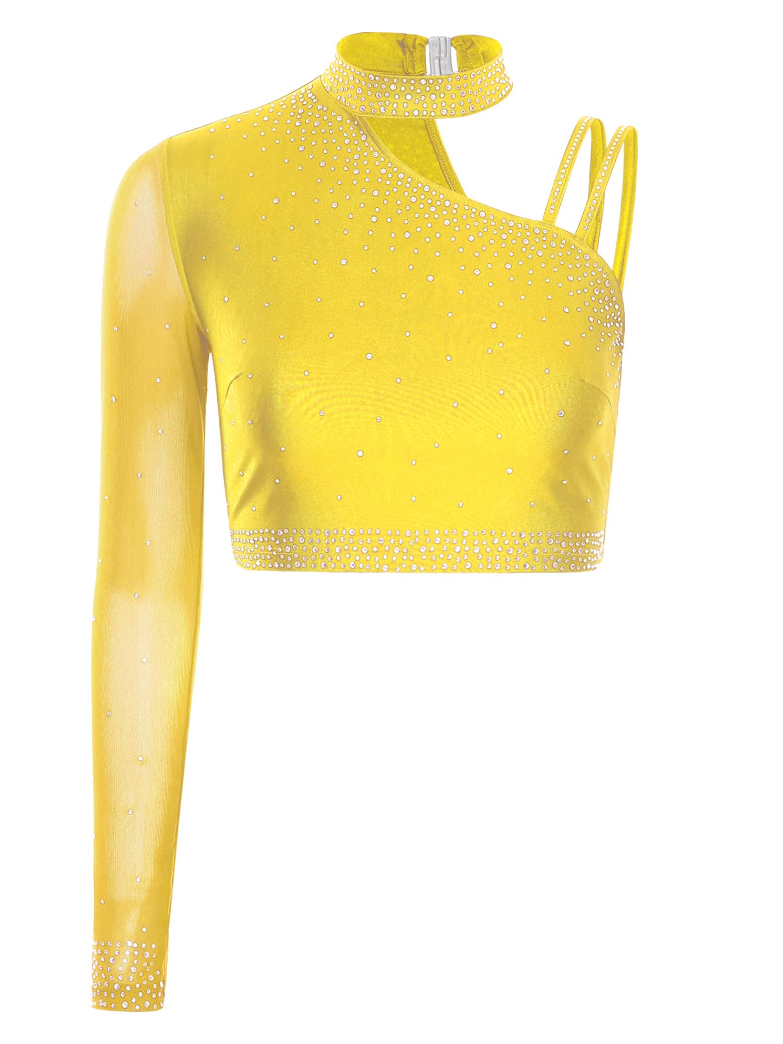 Traje Lírico Dos Piezas Mujer Atuendo Baile Ballet Top Recortado Con Encaje Hombro Asimétrico Y Pantalón Amarillo XL