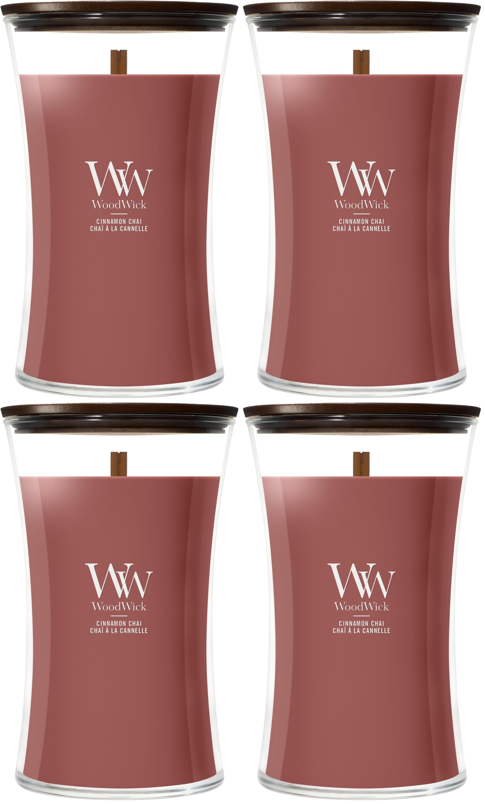 WoodWick Cinnamon Chai Holiday Candle Gifts for Women and Men, 21.5 oz Large Hourglass Candle with Crackling Wick (Pack of 4)
