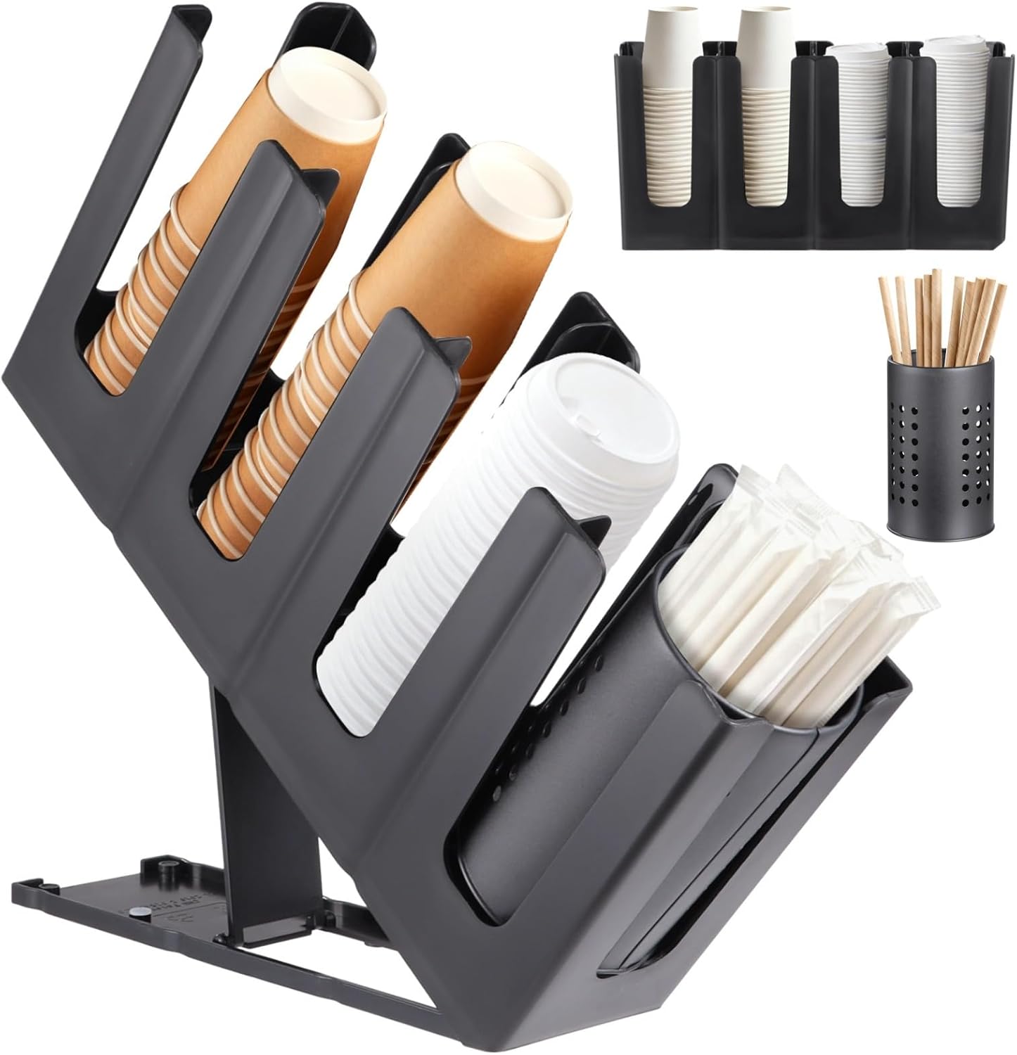 Plastic Cup Holder Lid Dispenser with Straw Organizer, 4-Compartment Cup Storage Organizer with 7-Level Adjustable Height for Restaurant, Bar, Office, Coffee Station