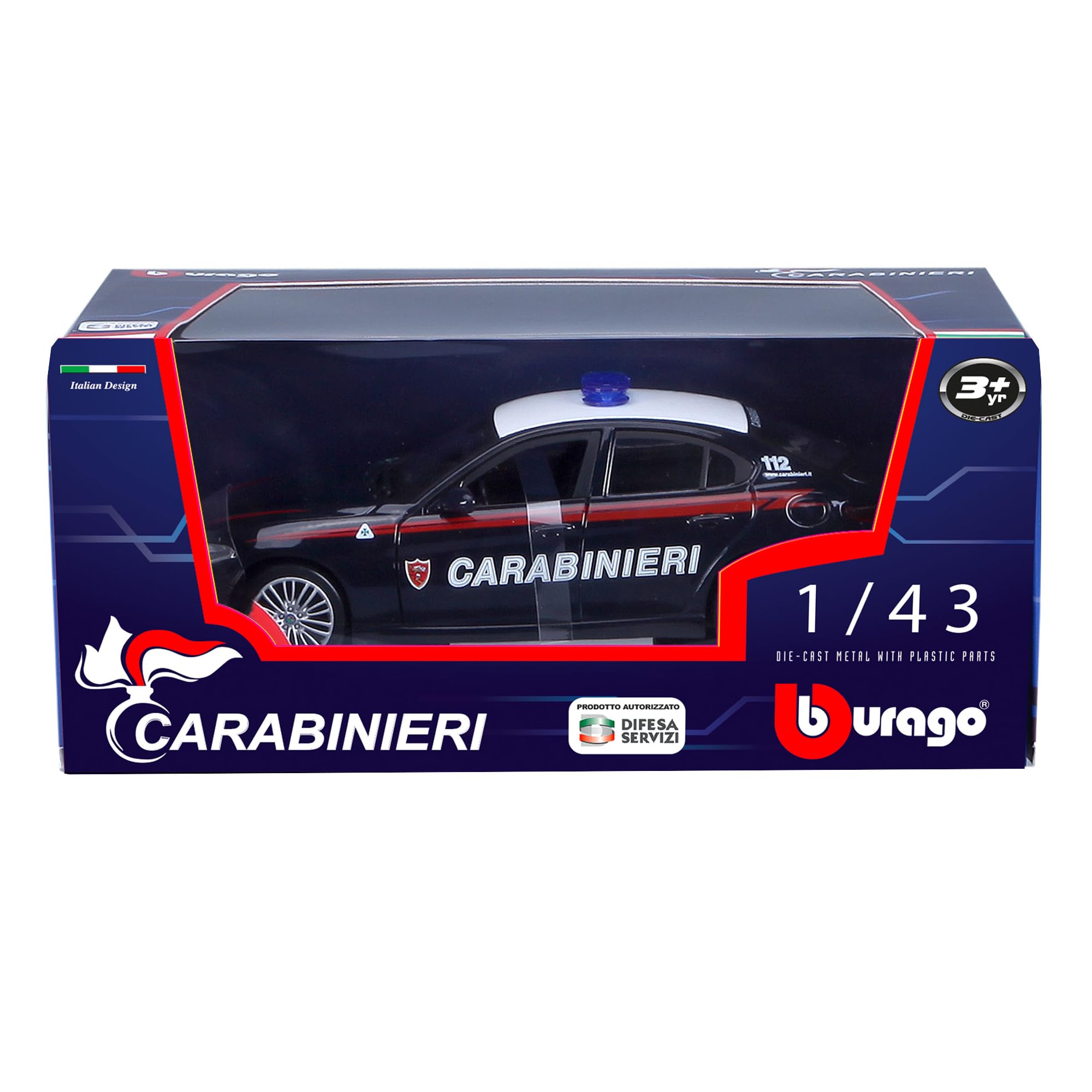 BBURAGO - Auto Carabinieri - Modellino Realistico Auto in Scala 1:43 (Scelta Casuale tra i Modelli Disponibili), Licenza Ufficiale Arma dei Carabinieri, Età consigliata 3+ Anni