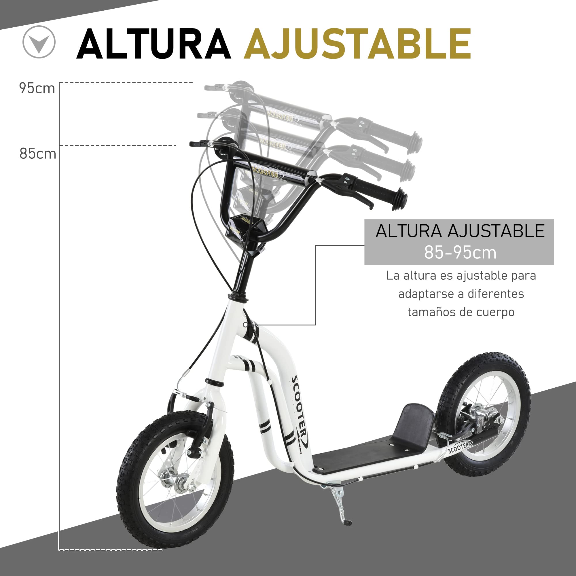 HOMCOM Patinete con Frenos Mayores de 5 Años 120x58x85-95 cm Blanco | para Niños, Scooter, 2 Neumáticos Inflables de Caucho, Manillar Ajustable, Pedal Antideslizante