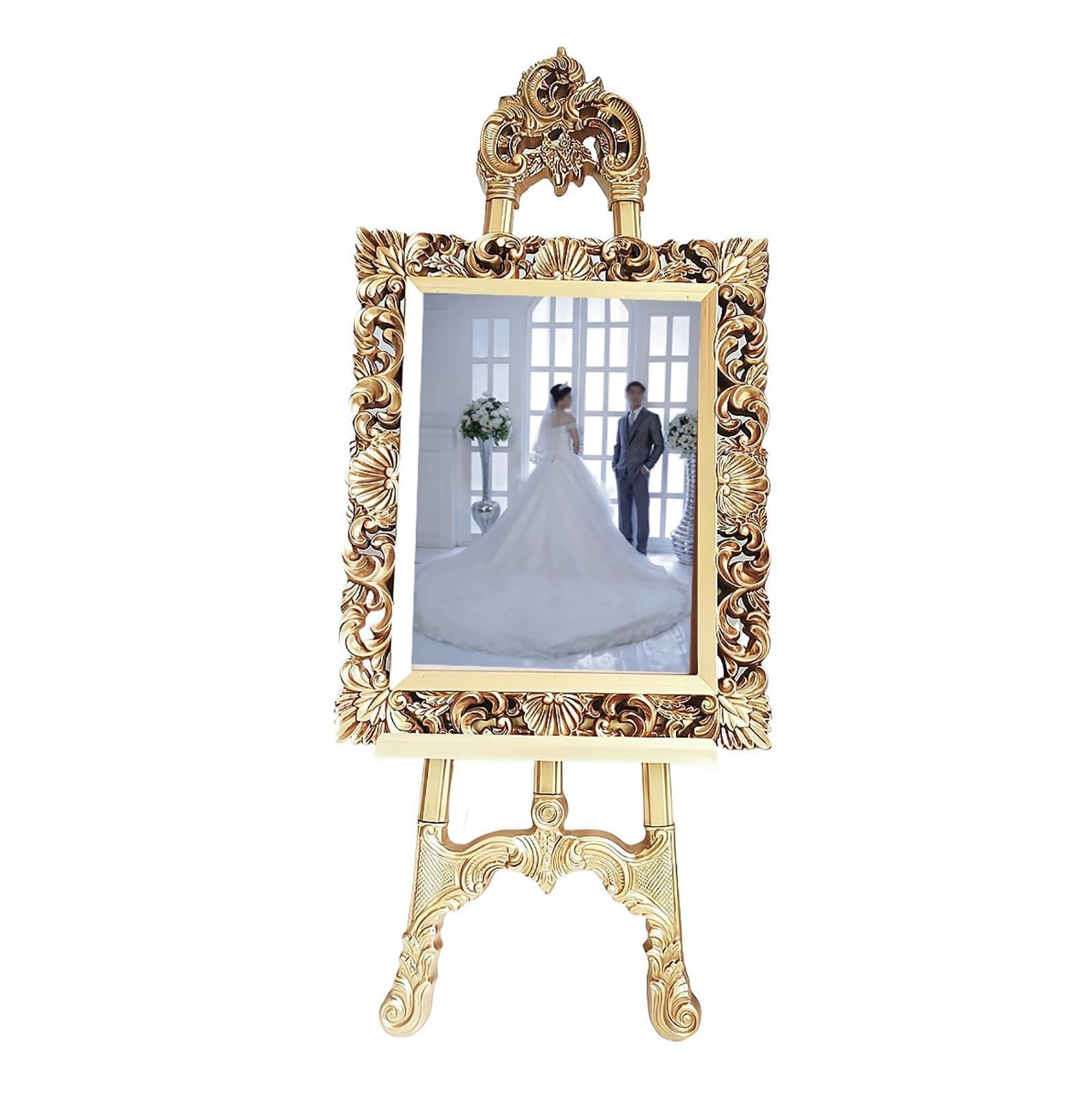 CWCQGH Floor Stand, Arts Crafts Easels, Antique Gold Easel, Large Freestanding Plastic Easels For Display,Welcome Sign Stand, Easel Stand For Wedding Sign(Gold easel+gold framework)