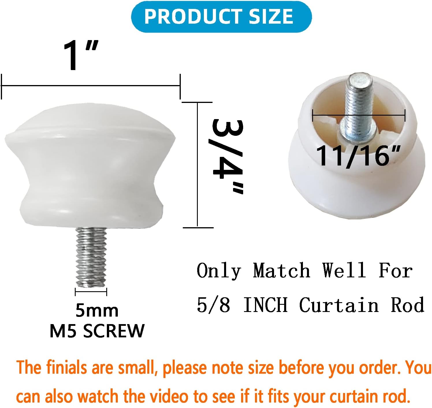 Kowibcl 4Pcs Curtain Rod Finials for 5/8 Inch Dia Rod of Mushroom Shape,M5 Thread Dia(White), with 5/8 inch Telescoping metal curtain rods,28-48inch Adjustable Curtain Rods, White : Home & Kitchen