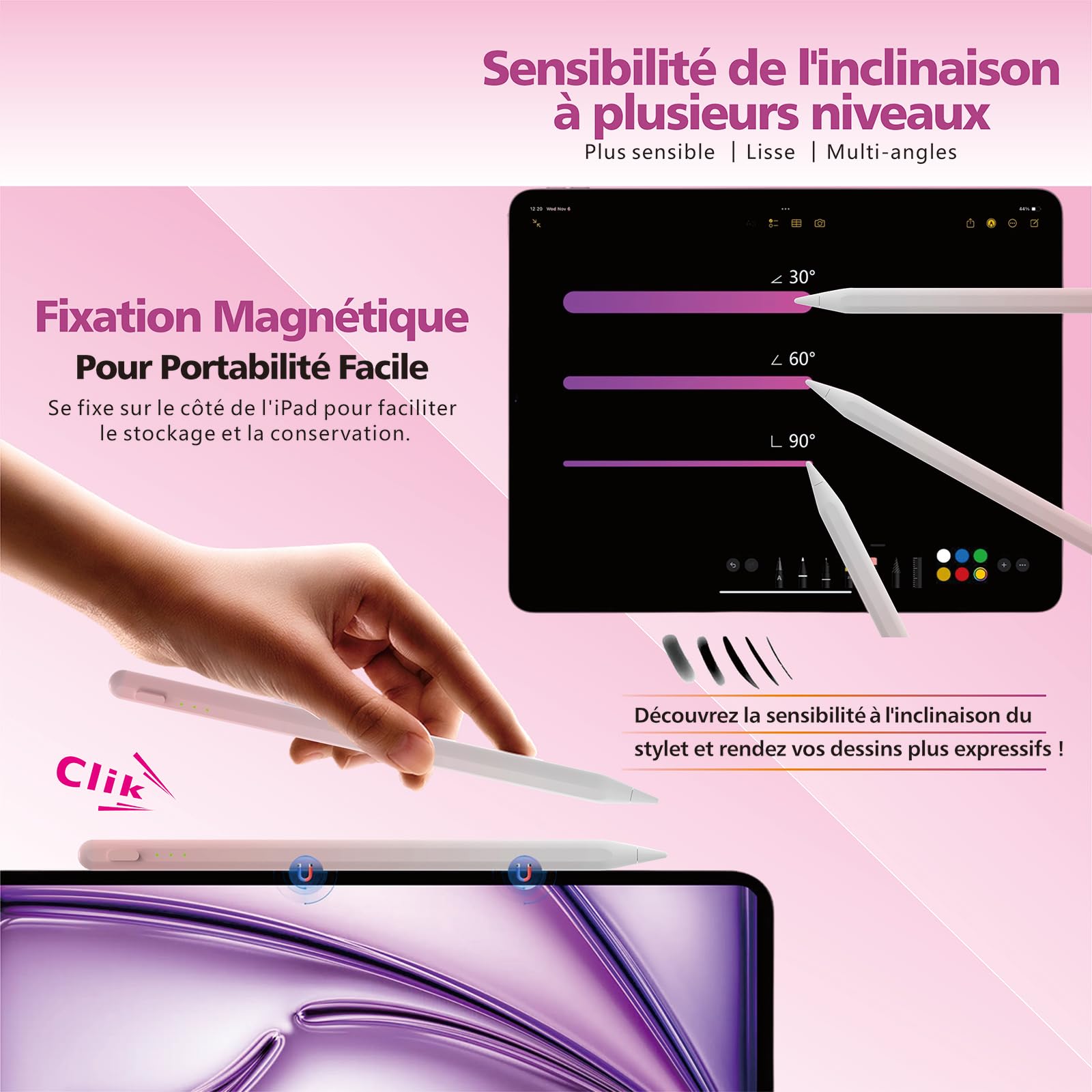 Stylet iPad 2018-2025, Charge Rapide 14 Min, Rejet Paume, Sensibilité Inclinaison, Stylo iPad 11/10/9/8/7/6, Pro 12.9/11/13 M4, Mini 6/5, Air 5/4/3/11-13 M2/M3 (Rose)