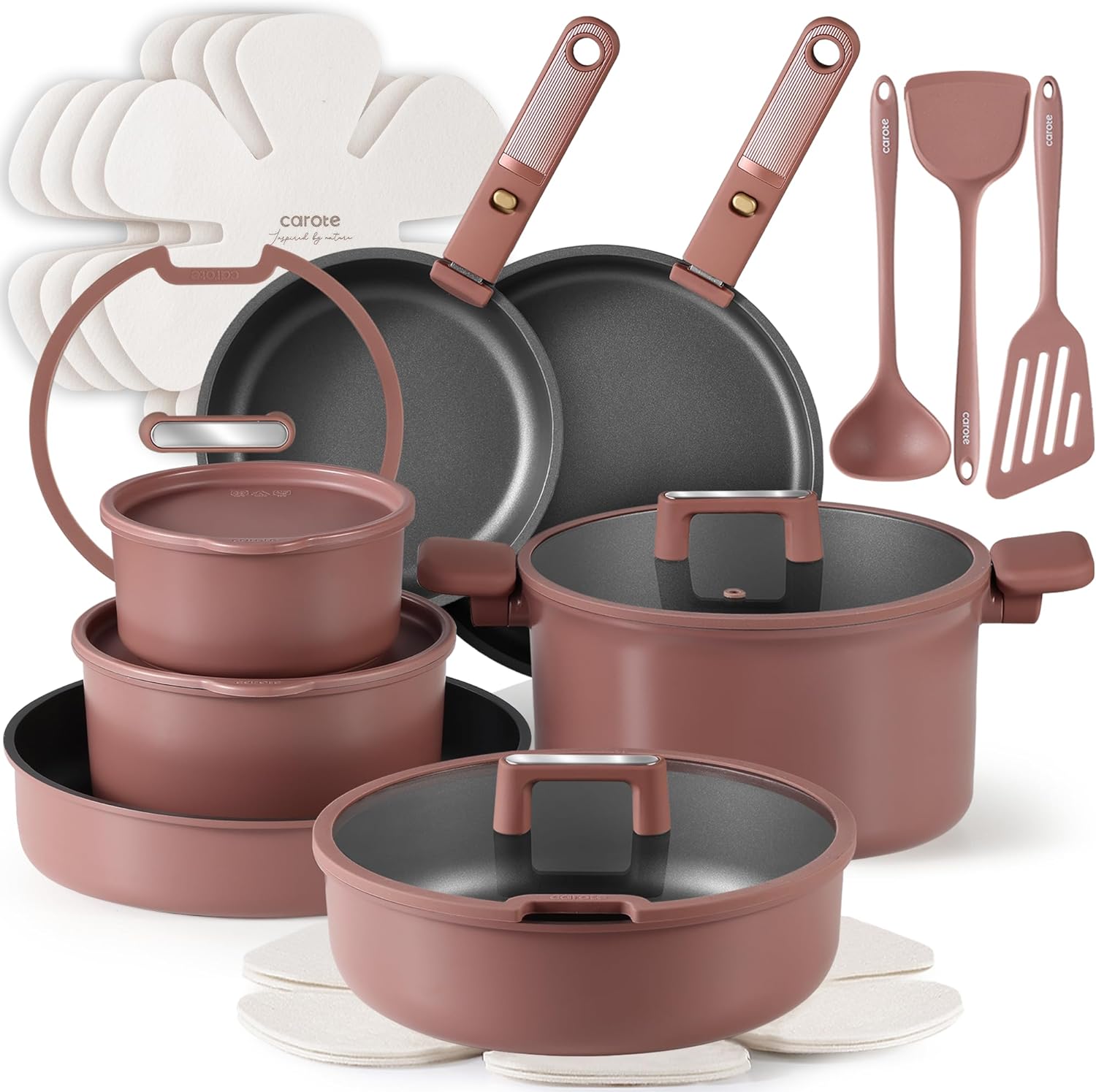 CAROTE 23Pcs Pots and Pans Set Non Stick with Detachable Handle Rouge Pink, Premium Nonstick Cookware Set, Dishwasher/Oven Safe Pots and Pans, Removable Handle RV Cookware Thumbnail