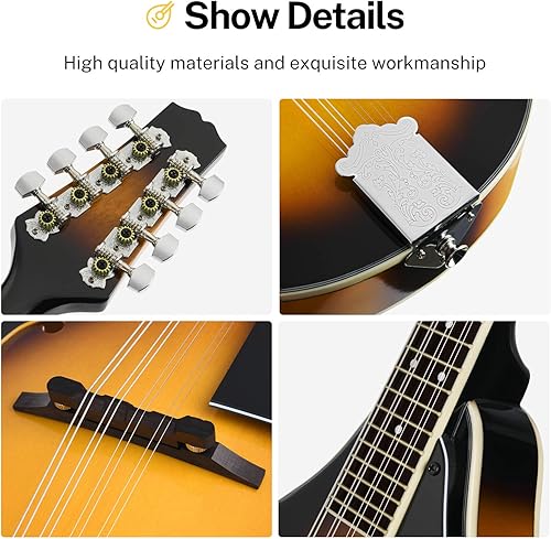 Miniatura 5 de Donner A Style Mandolina Instrument Sunburst - Instrumento musical de mandolina acústica para adultos, 8 cuerdas, paquete con bolsa de cuerda, púas