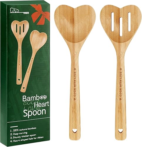 Cucharas de corazón de madera para cocinar, 2 piezas de bambú en forma de corazón, cuchara ranurada multiusos para cocina, regalos para abuela,
