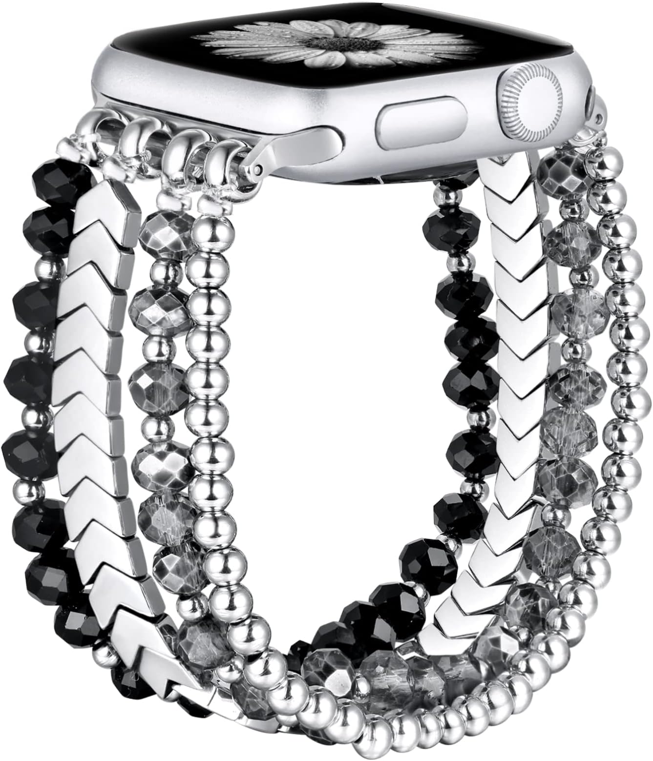 fastgoBracelet Band Beaded Compatible with Apple Watch 38mm 40mm 41mm 42mm 44mm 45mm 49mm Women, Fashion Elastic Stretch Strap Bands for Iwatch SE &Series Ultra 8 7 6 5 4 3 2 1(Black/Sliver/Grey,S/M)