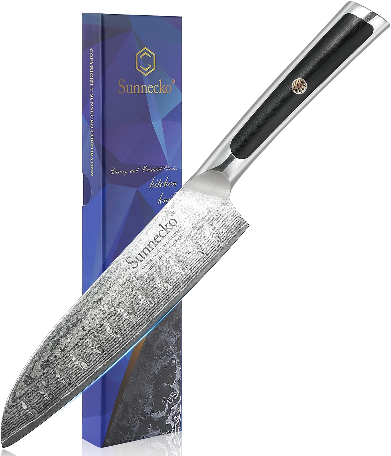 Sunnecko Kitchen Knife Japanese Damascus Santoku Knife 7 Inch,High Carbon Steel Cooking Knife Professional with G10 Handle