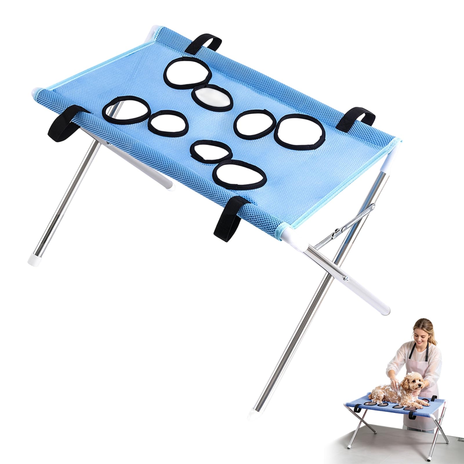 Pet Grooming Hammock Stand, Dog Bath Stand and Nail Clipping Station Foldable Dog Grooming Table, Stainless Steel Frame, Quick-dry Surface Mesh Bathing Station for Cats and Small Dogs (Regular-BU)