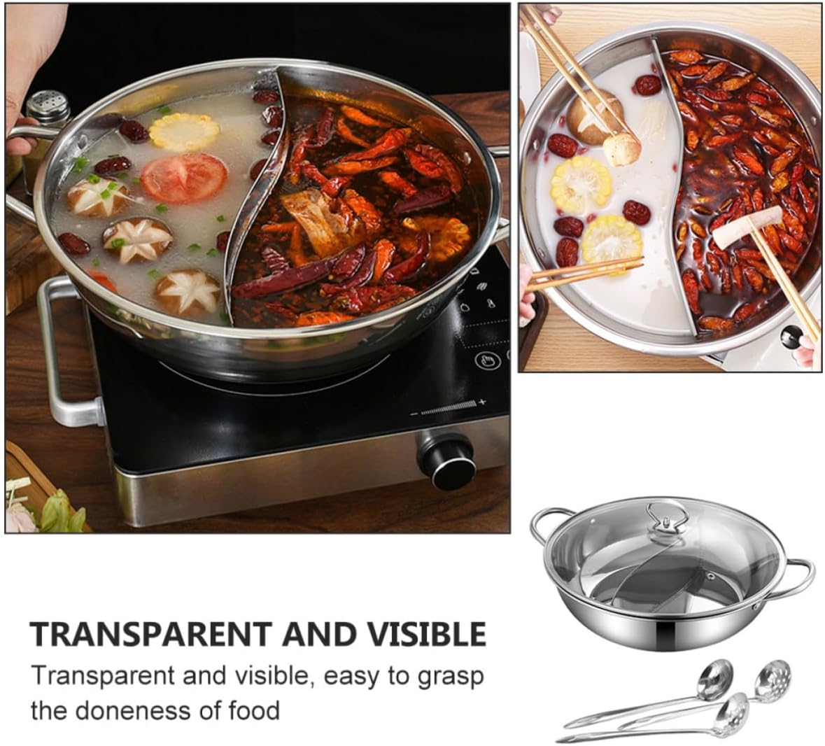 Stainless Steel Two Flavor Hot Pot Set with Spoon and Colander Xmas