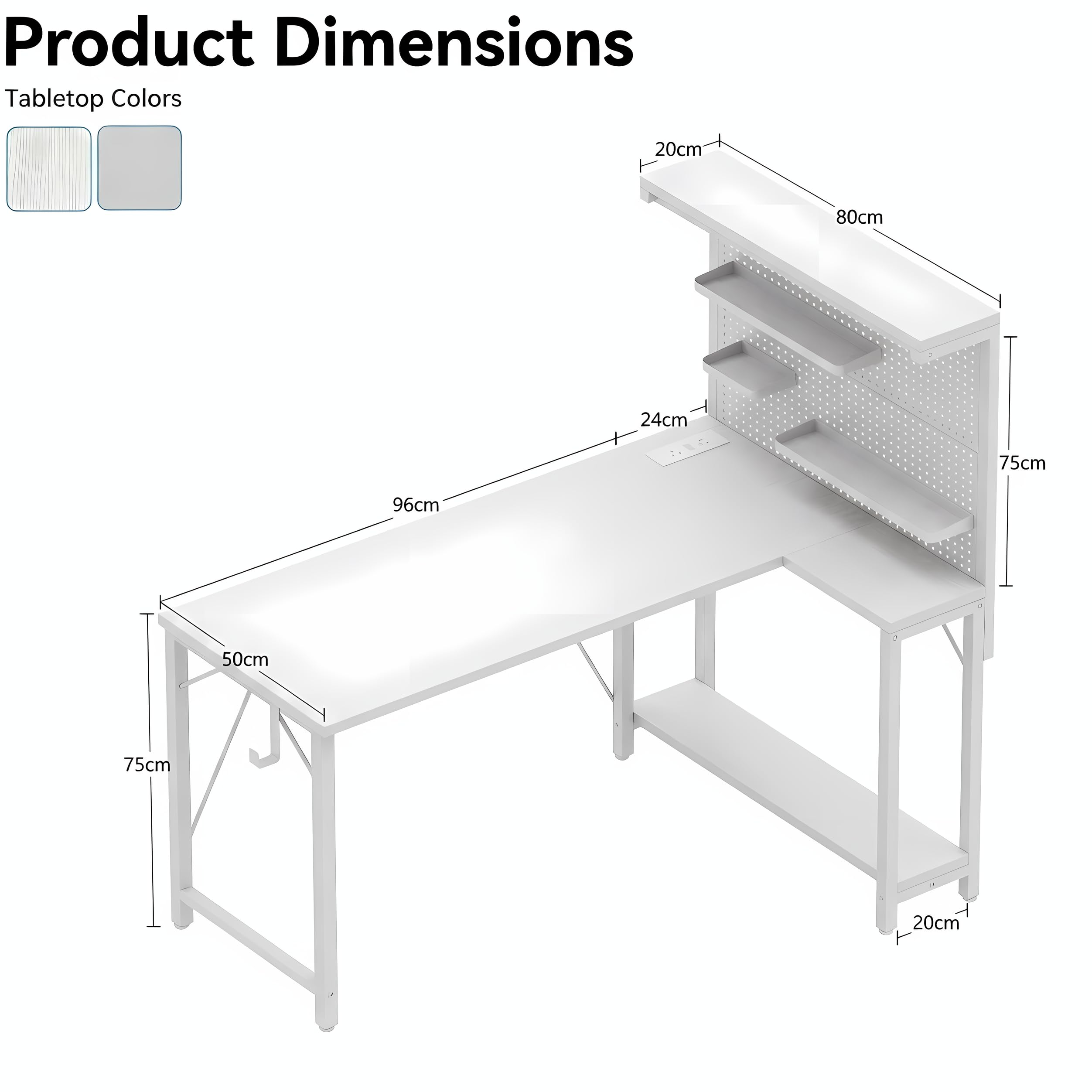 120 * 80cm L-förmiger Table Gaming avec Panneau Perforé et Étagères, Bureau d'angle avec Prise, Réversible Bureau avec 3 Détachables Étagères pour Domicile et Chambre, Blanc
