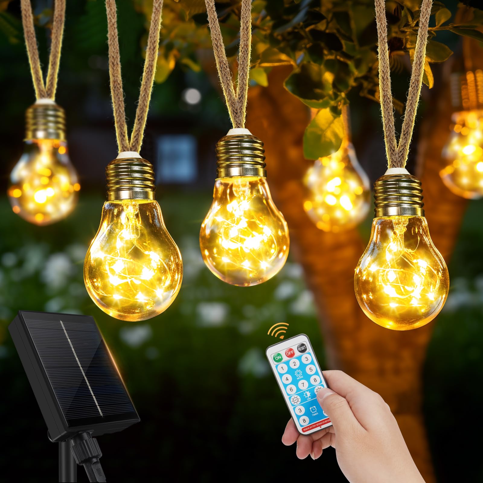 Realky Cadena de luces solares para exteriores con 20 bombillas de 12,5 m, resistente a la intemperie, con 8 modos, función de memoria, temporizador para decoración vintage, jardines, terrazas, bodas,