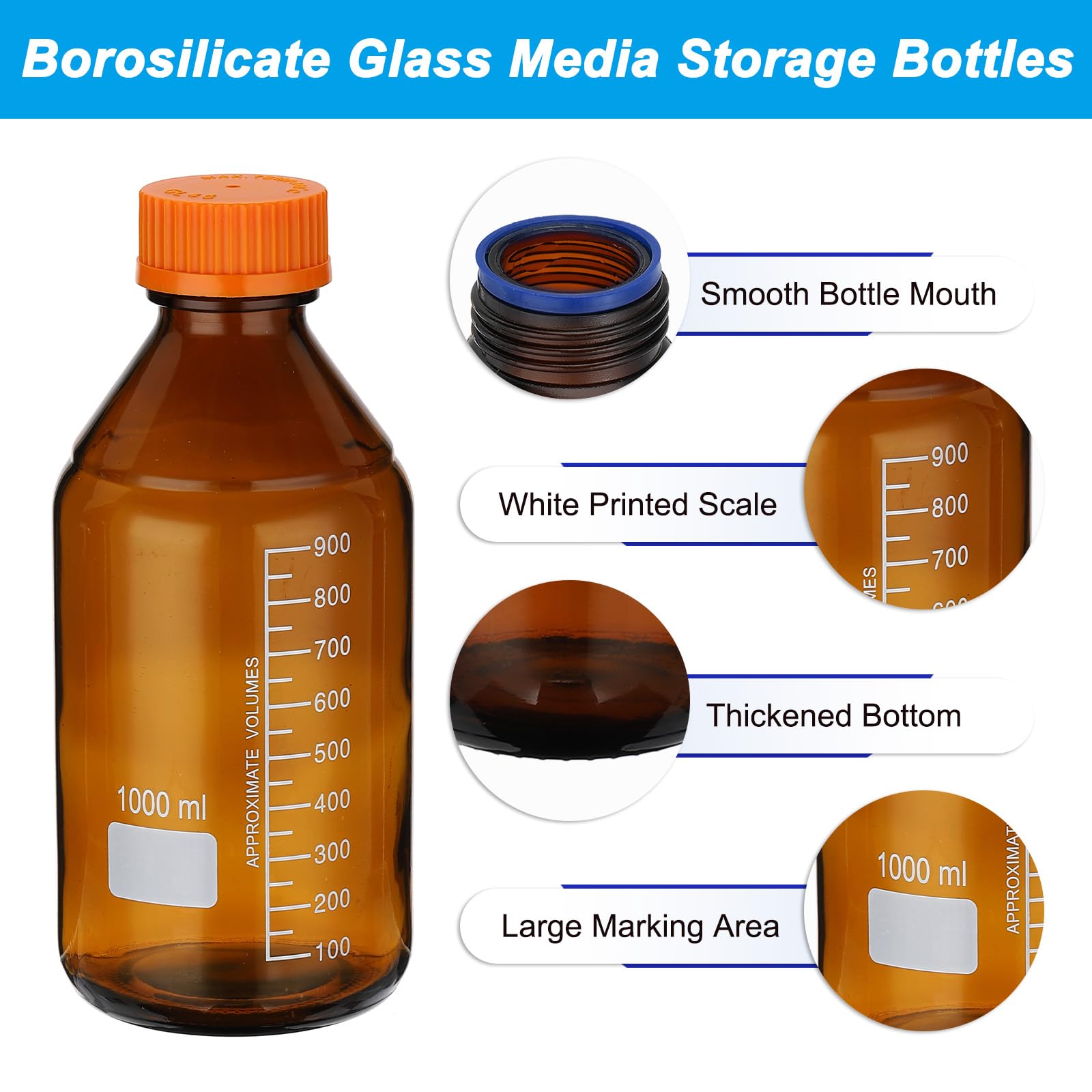 PATIKIL 4er Pack Reagenzglas Medienlagerflaschen 1000ml Borosilicatglas Graduierte Runde Flaschen Mit Orange GL32 Schraubverschluss Für Labor Wasser Reagenzflüssigkeiten Amber