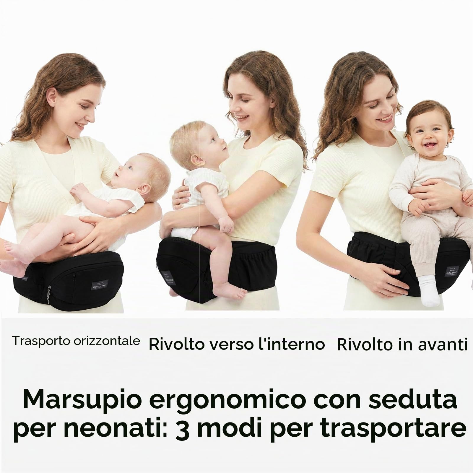 Bebamour Marsupio per neonato Hip Seat 0-36 mesi, leggero, 3 in 1, da neonato a bambino, HipSeat (nero)