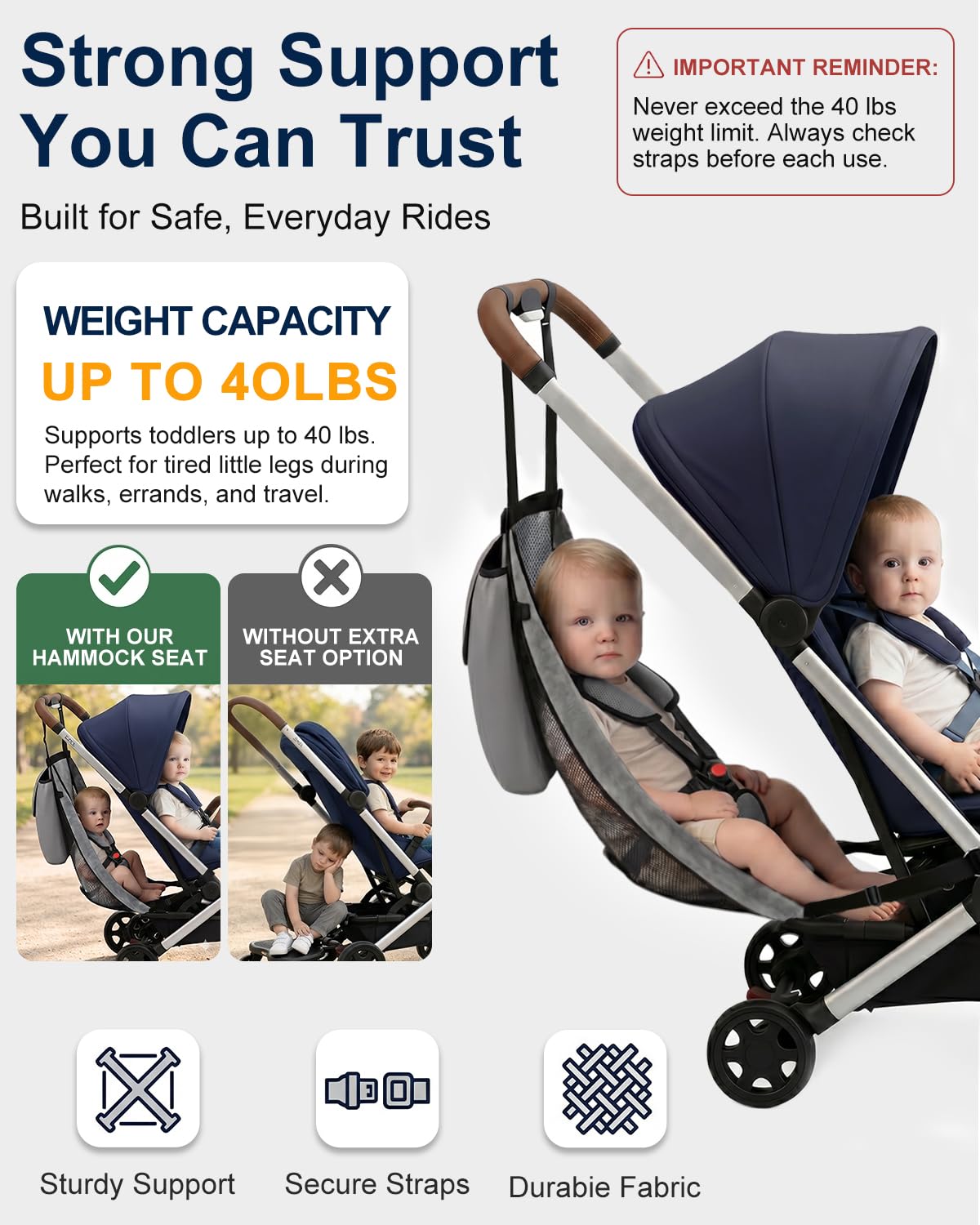 Detachable Seat Sling Accessory for Compatible Book-Fold Strollers, Foldable Mesh Add-On with Adjustable Straps, No-Tool Installation, Accessory Only