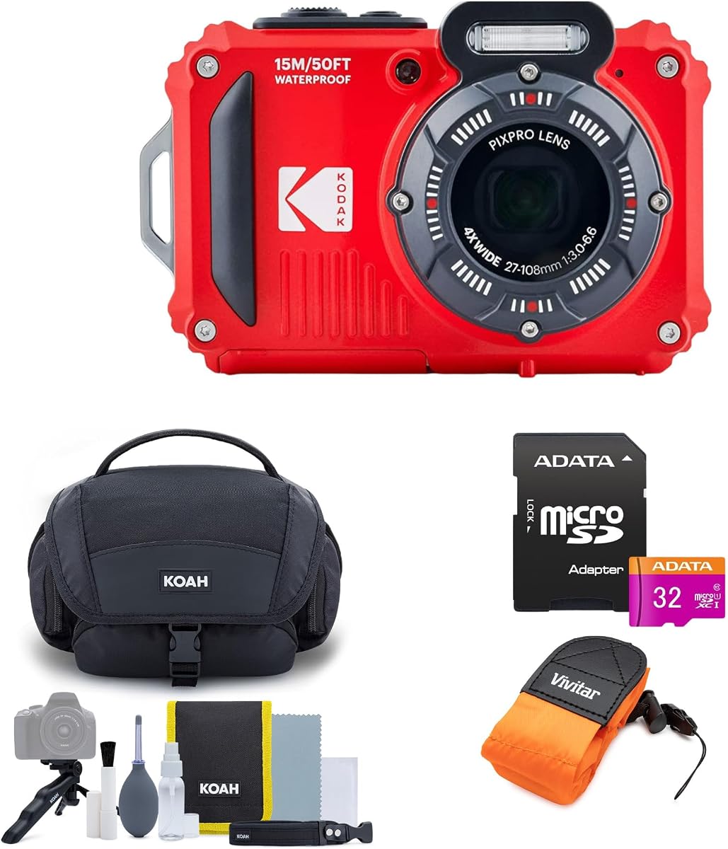 Kodak PIXPRO WPZ2 Rugged Waterproof 16MP Digital Camera Bundle (Red) | 4X Optical Zoom with Gadget Bag, 32GB UHS-I microSDHC, Accessory Kit, Floating Strap, (4 items)