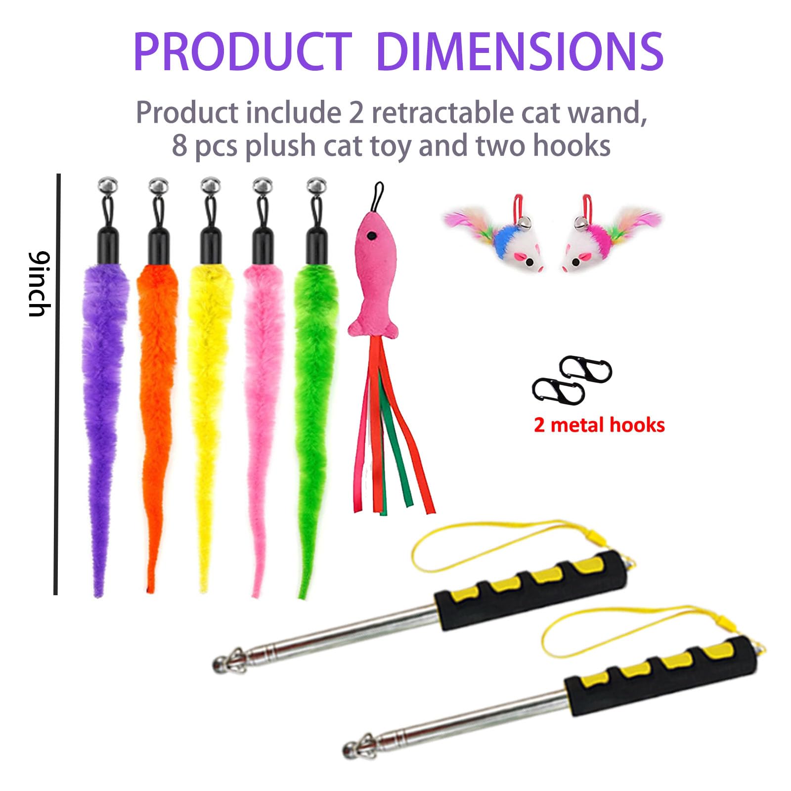 OBCLEUAEN Cat Wand Toys,Cat Toys Interactive for Indoor Cats, 2 Retractable Cat Wand,8 Pcs Plush Cat Teaser Toys Refills for Indoor Cats to Chase and Exercise