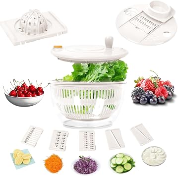 Salad Spinner Large, 5.3 QT 5 IN 1 Lettuce Spinner Dryer with 5 Blades Slicing and Pureeing Vegetables Wash Bowl Kitchen Gadgets for Efficient Salad Preparation Food Washing White