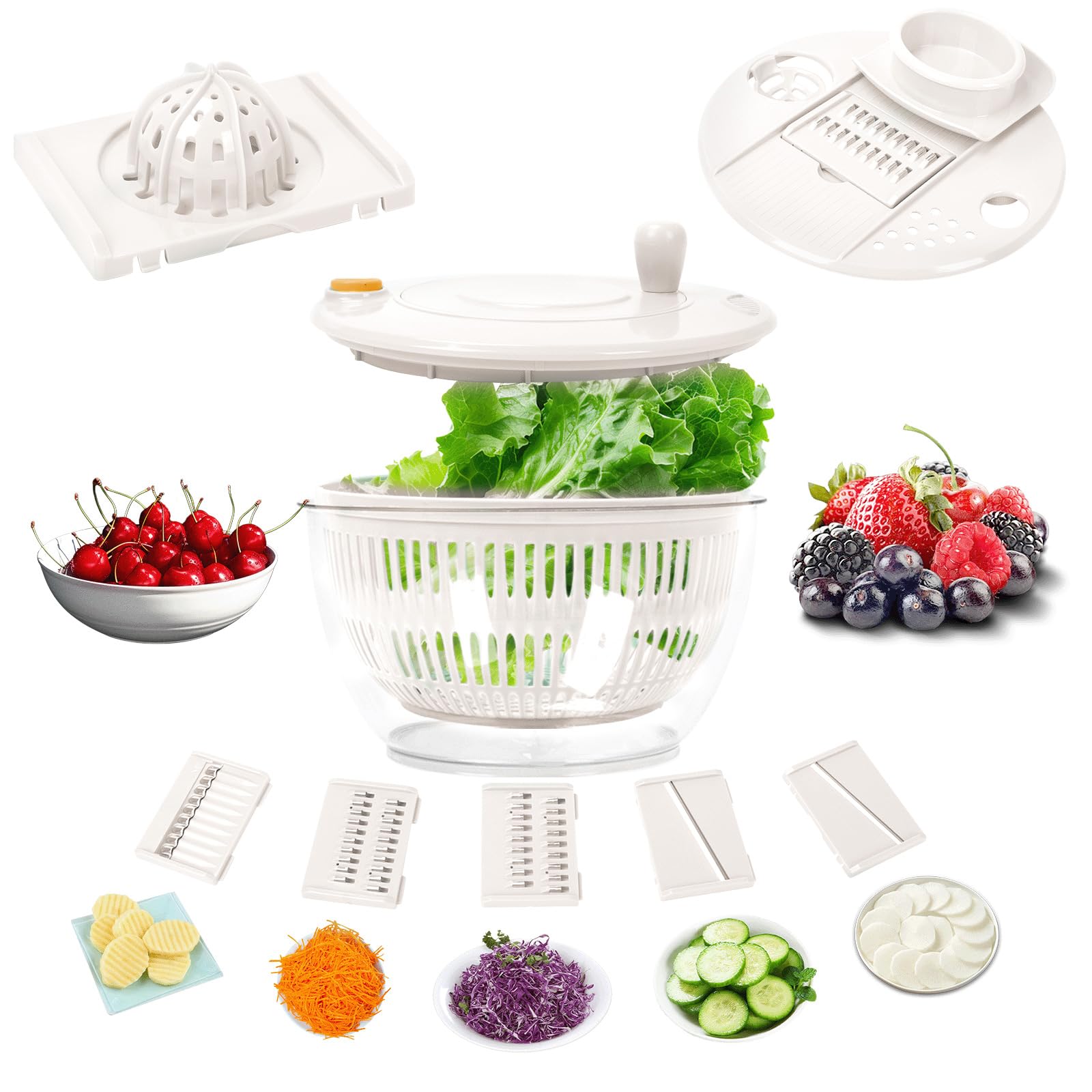 5 in 1 Grips Salad Spinner, 5L Plastic Lettuce Dryer & Vegetable Washer with 5* Blade, Non-Slip Vegetable & Fruit Washer/Dryer, Easy One-Hand Operation for Healthy Eating (White)