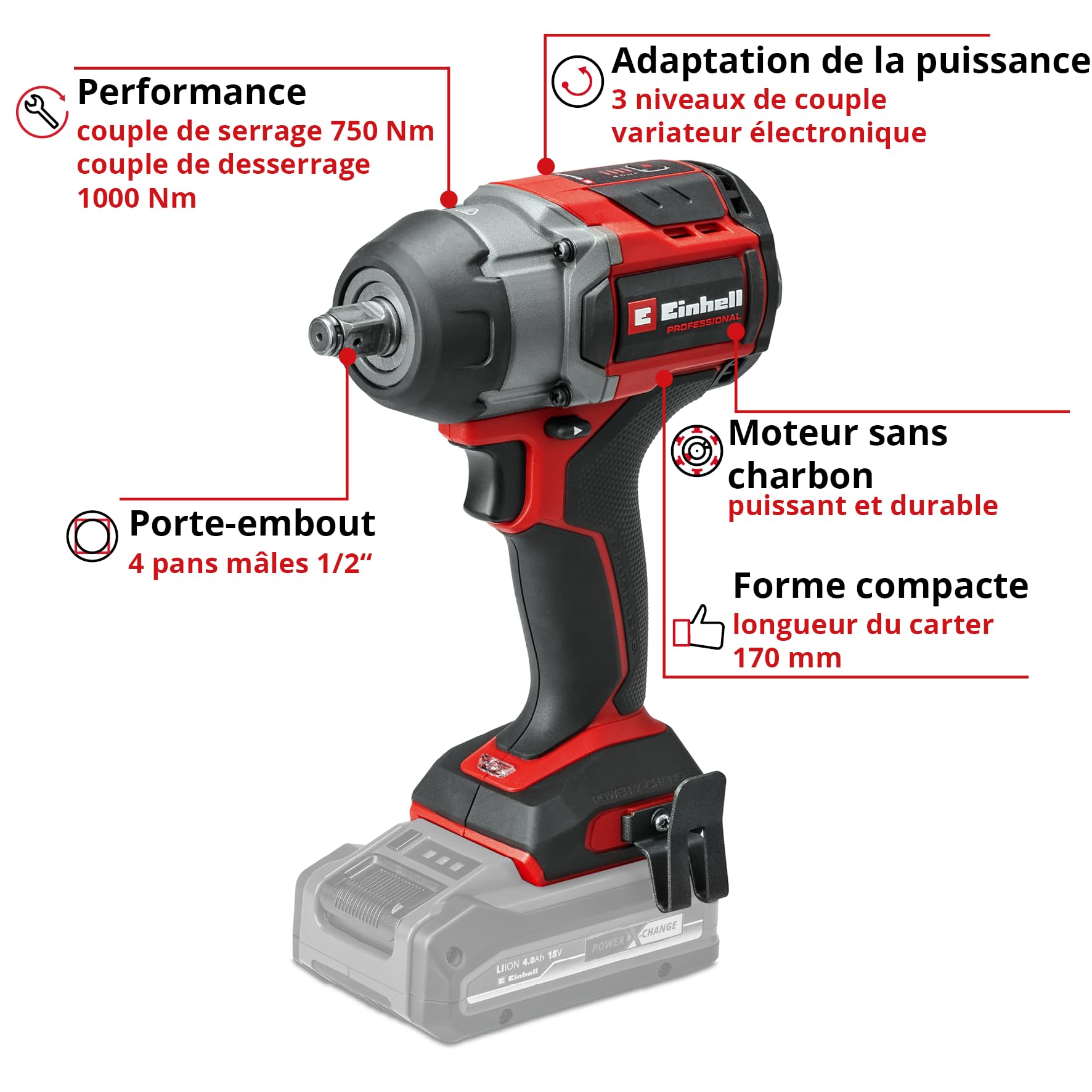 Einhell Professional TP-CW 18/750-C Li BL-Solo Power X-Change 18V 750 Nm clé à chocs sans fil sans batterie