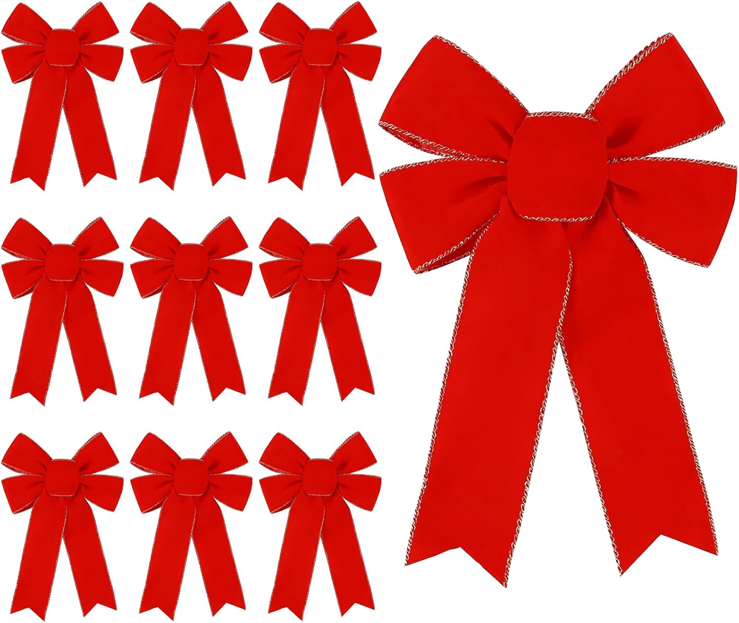DIYDEC 10PCS Christmas Red Bows Decorations, 9 x 13 Inches Large Velvet Christmas Tree Wreaths Bows with Glitter Gold Edge for Xmas Home Fence Stairs Railing Fireplace Indoor Outdoor Front Door Decor