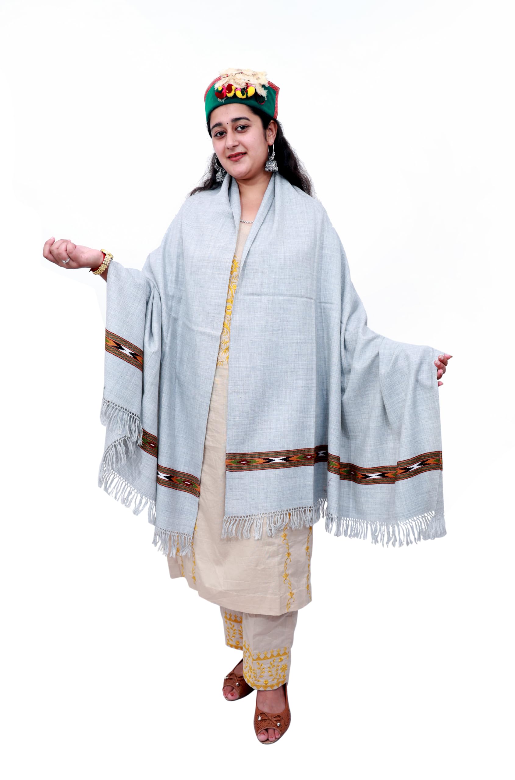 WUDNIK Women's Wool Shawl Wrap, Light Grey with Kinnauri Border-image-13