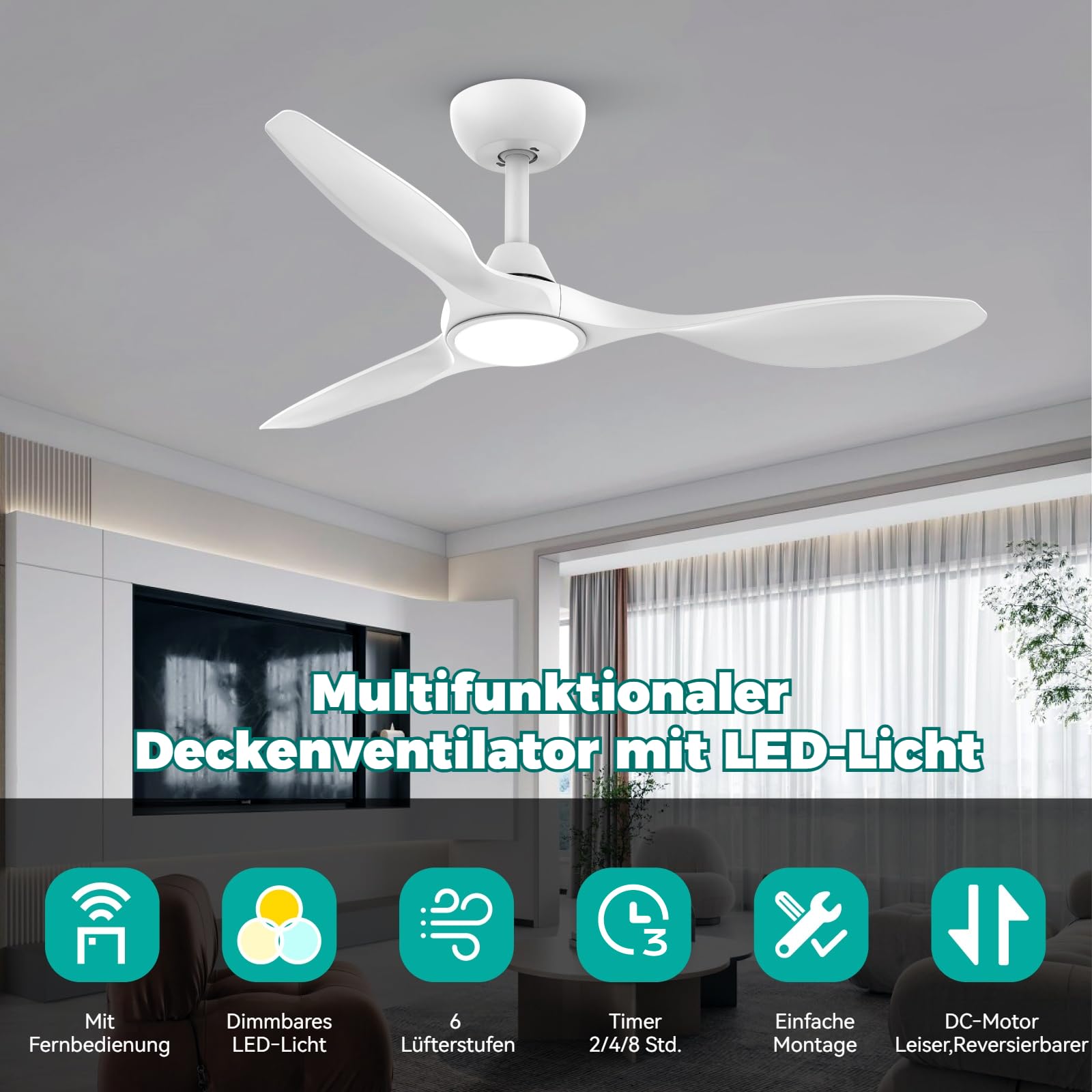 ocioc Deckenventilator mit Beleuchtung und Fernbedienung Große, LED Dimmbar, Ø107 cm, Weiß, Moderne Geräuscharm Lüfterlicht für Wohnzimmer, Schlafzimmer, Leise DC Motor, 6 Geschwindigkeiten, Timer