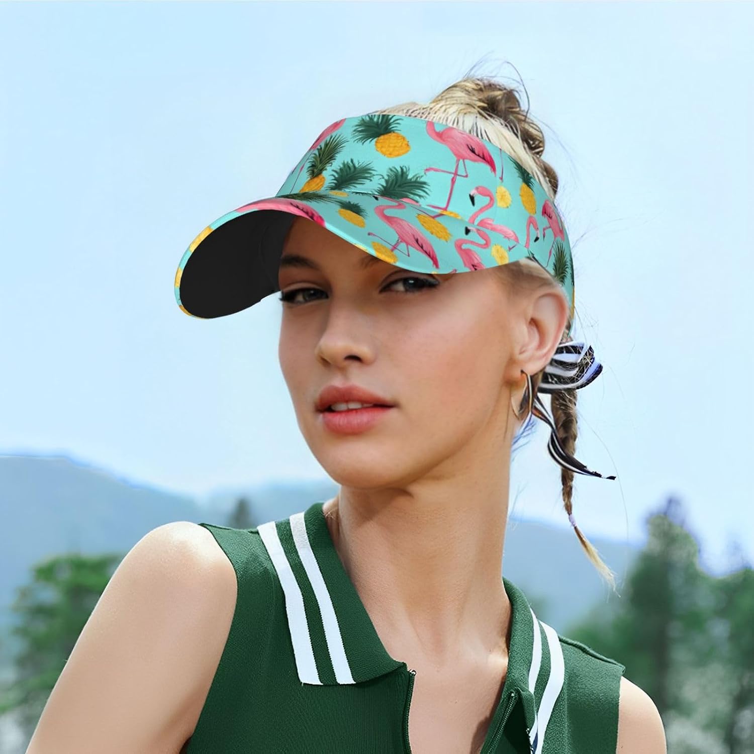 (Flamingo Print) Adult Sun Visor Hat Adjustable Open Top Sports Cap Breathable for Men Women Beach Vacation Essentials Black