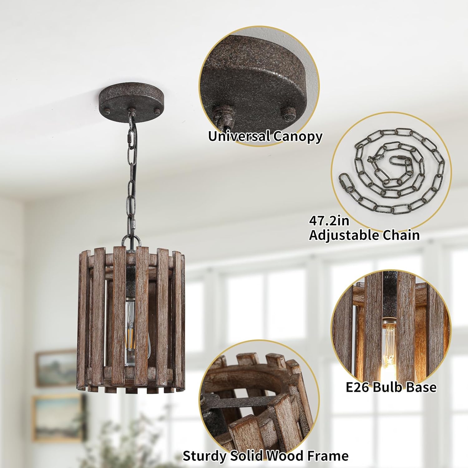 Farmhouse Rustic Pendant Light, 1-Light Round Cage Pendant Lighting Fixture with Adjustable Chain for Kitchen Island Hallway Dining Room Bar, Solid Wood