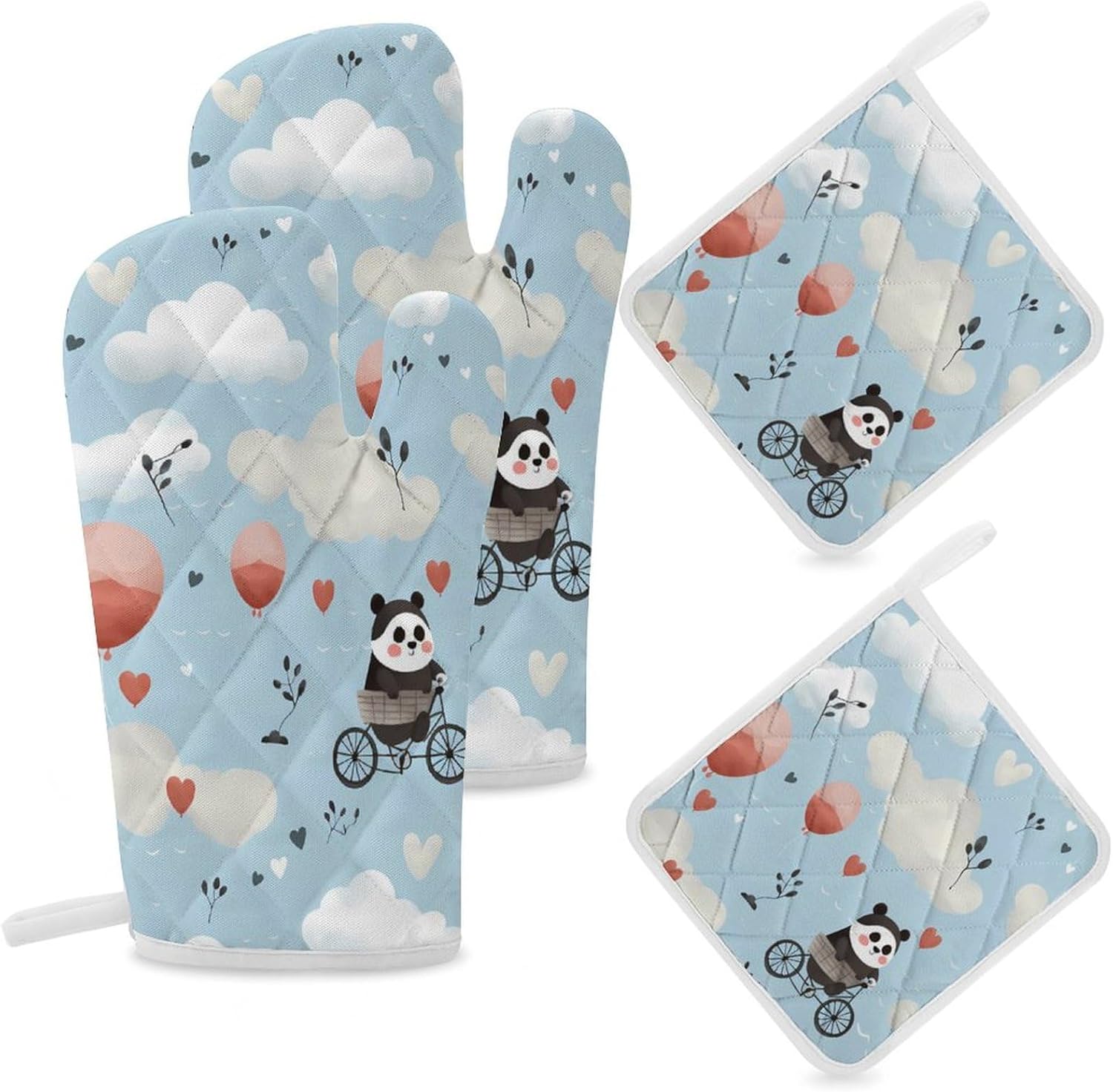 Hot Air Balloon Cute Panda 4 Pcs Oven Mitts and Pot Holders Set High Heat Resistant Long Kitchen Oven Glove Potholders