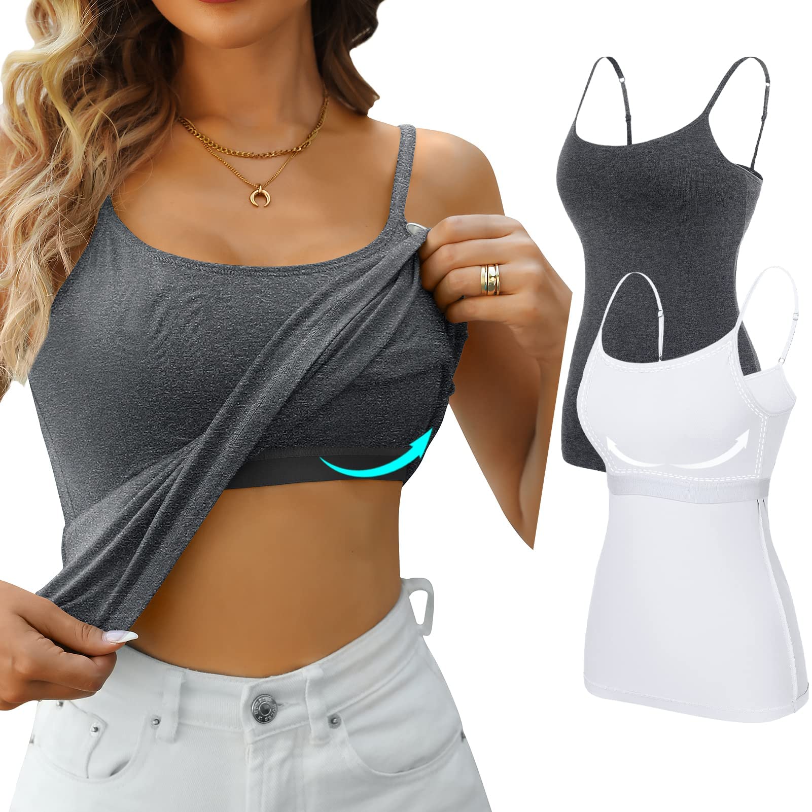 Charmleaks Women's White/Deep Grey 2 Pack Cotton Sleeveless Camisole Vest Cami Tank Top & Xxl