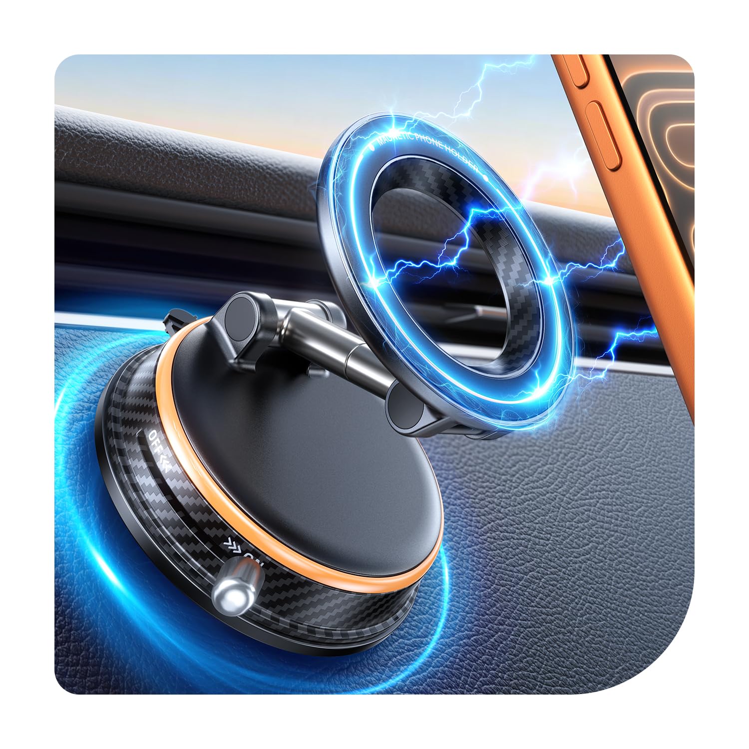 Peerock Handyhalterung Auto für MagSafe Autohalterung [30KG Stärkste Saugkraft & 2800gf Magnet] Vakuum Magnetische Handy Halterung Auto 360° Drehbar KFZ Handyhalter Auto für Alle Handy Hellorange
