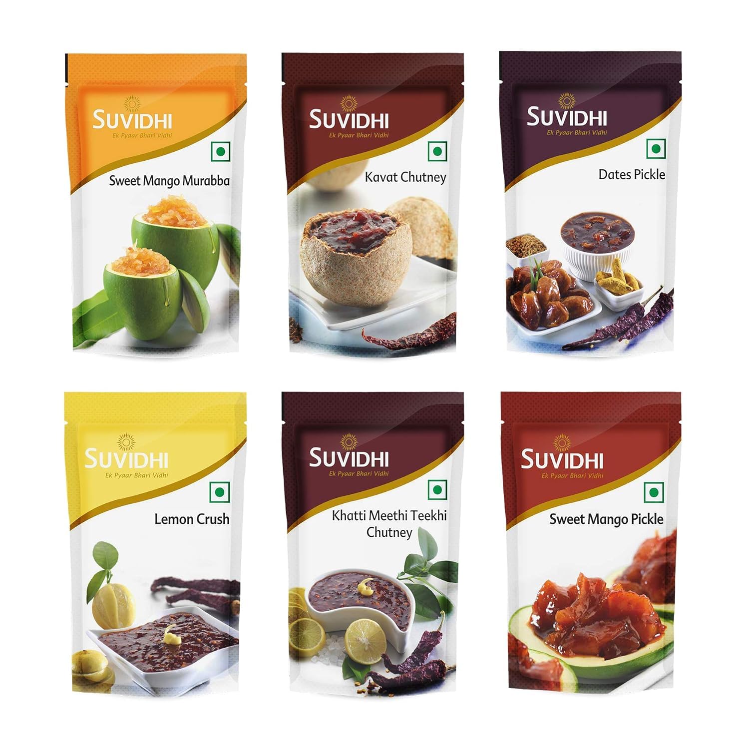 Suvidhi Sweet Mango Murabba 2, Khatti Meethi Tikhi Chutney 2, Kavat Chutney 2, Dates Pickle 2, Lemon Crush 2, Sweet Mango Pickle 2 (100gm Each Pack of 12 in All 1.2 Kg)