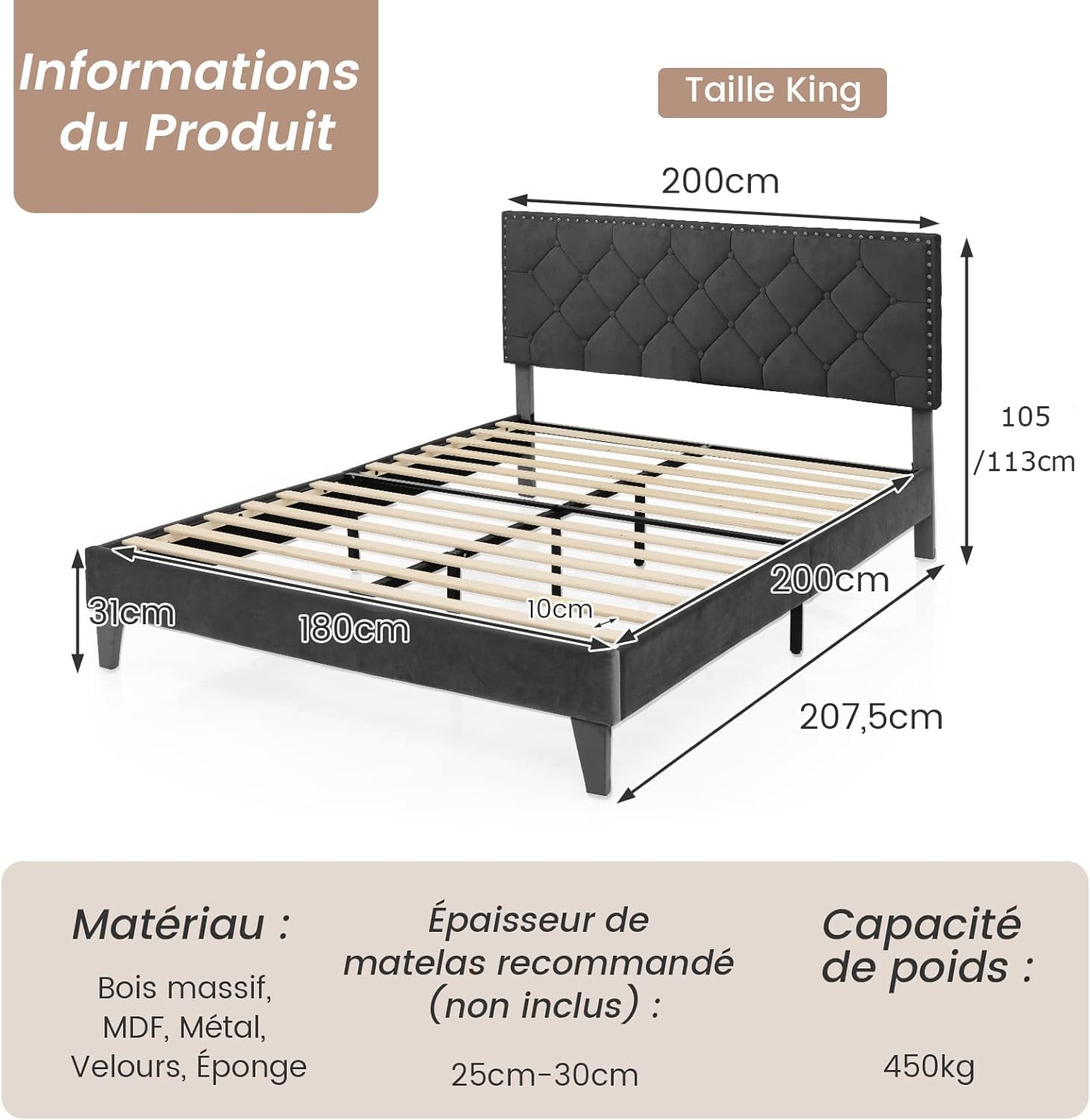 GOPLUS Lit 180 x 200 avec Sommier sans Matelas, Lit Capitonné avec Tete, King Size, Lattes Bois Massif, Charge 450 KG(Gris|Coin carré, 180X200CM)