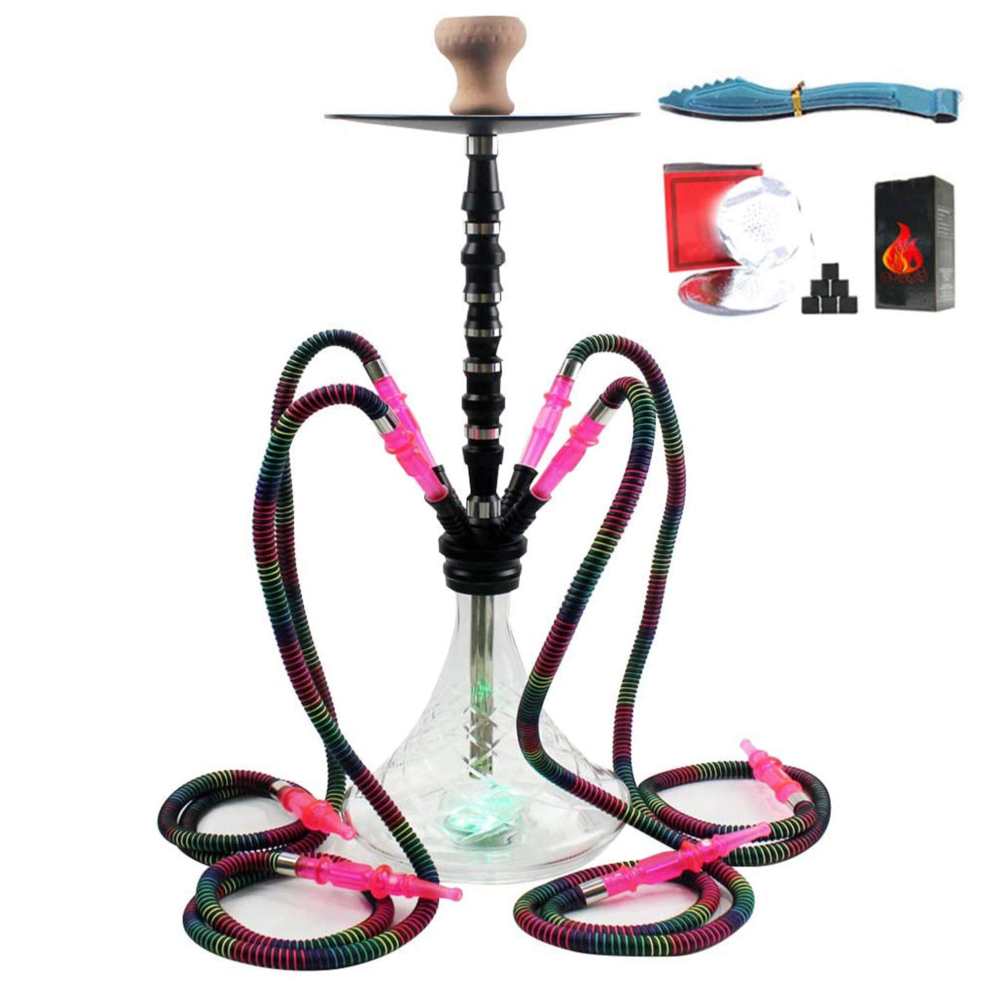 Juego Completo Hookah Shisha 30" 4 Mangueras Vástago Medio Desmontable Jarrón Vidrio Cuenco Arcilla Carbón Pinzas para Carbón Cubiertas Papel Aluminio para Fiestas Casa