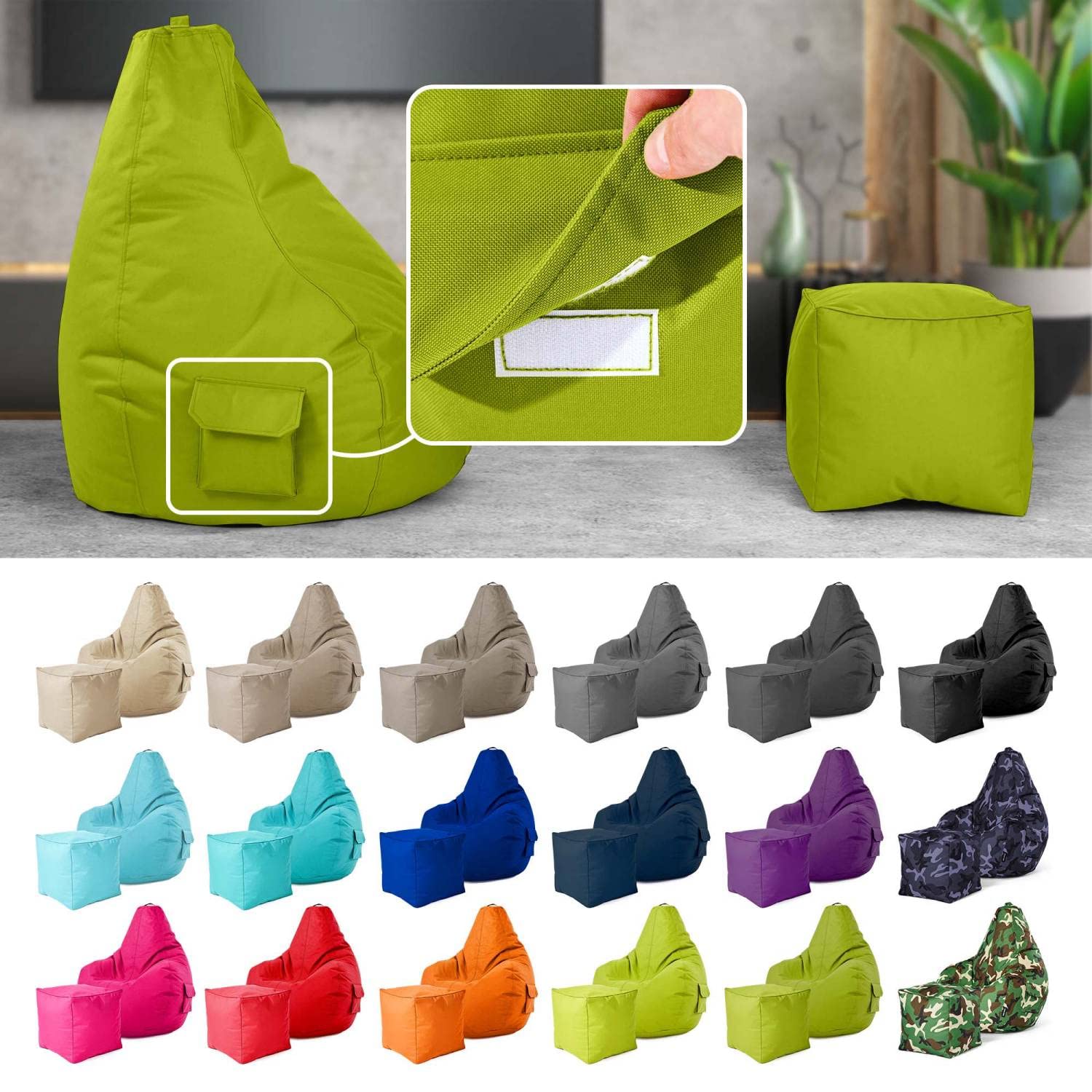Green Bean Pouf sacco Cozy + sgabello rotondo - già riempito - robusto, lavabile, antimacchia - cuscino da pavimento per bambini e adulti, poltrona relax, poltrona da gioco, pouf - Turchese