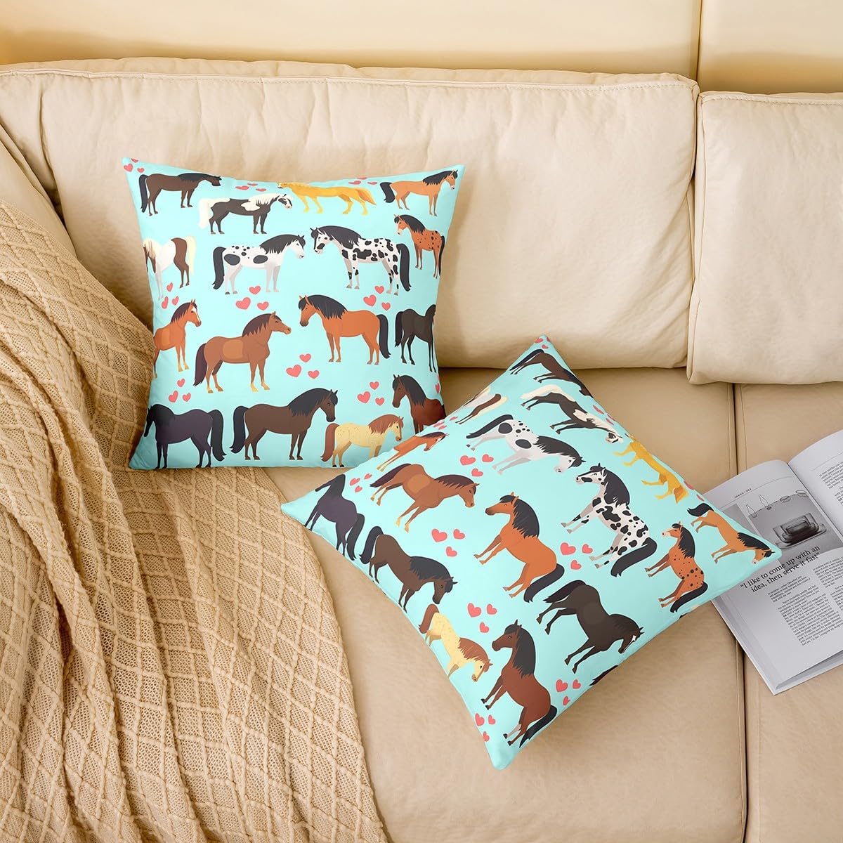 Set of 2 Horses Throw Pillow Covers 24x24 Inch Western Cowgirl Pillow Covers For Children Teal Cute Love Horses Cushion Covers Kawaii Farmhouse Rustic Cartoon Wild West Animals Cushion Cases