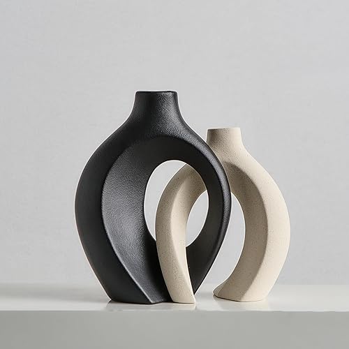 Miniatura 7 de Jarrón blanco y negro juego de 2 jarrones huecos de cerámica para decoración del hogar, decoración de mesa de entrada, decoraciones de estilo