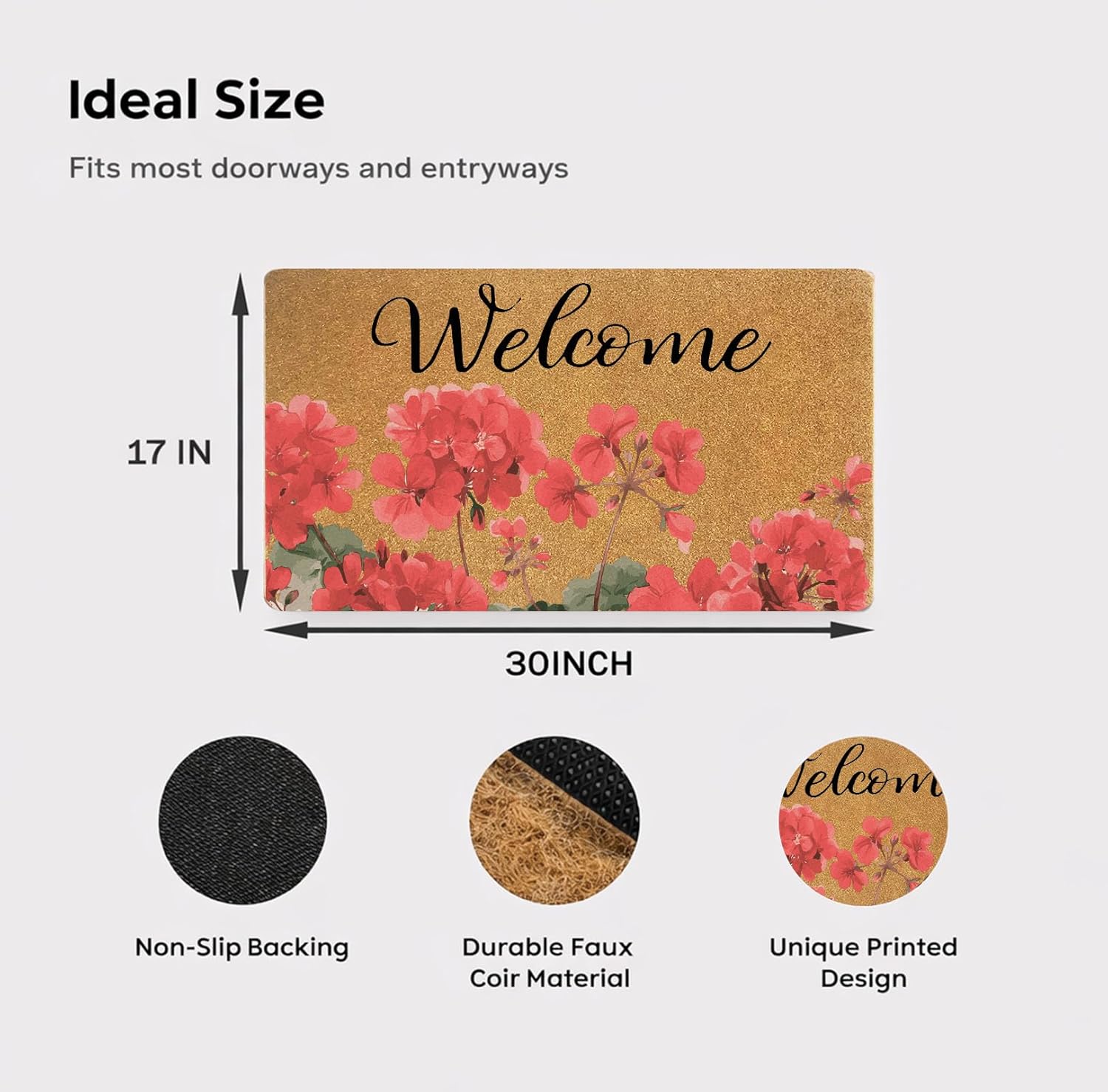 Geranium Door Mat 3017 Faux Coir Non-Slip Welcome Mat for Indoor/Outdoor Entry, Durable Dirt-Trapping Spring Front Door Mat with Geranium Wreath, Ideal for Porch, Housewarming