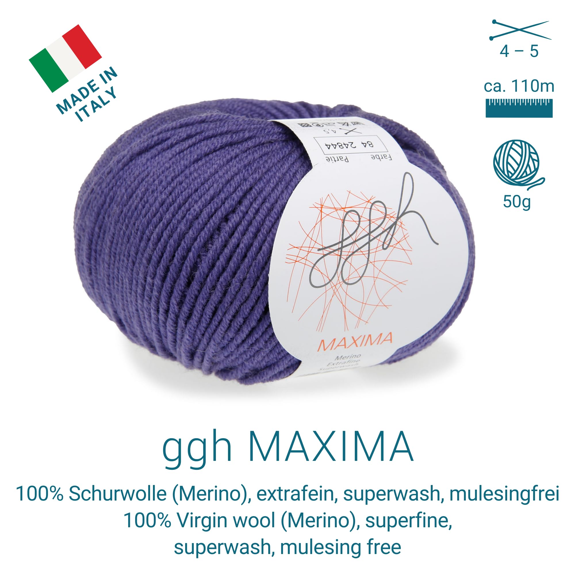 ggh Maxima Box - 6x50g (insgesamt 300g) Merinowolle extrafein und maschinenwaschbar - Nadelstärke 4-5 Farbe 084 - Lila