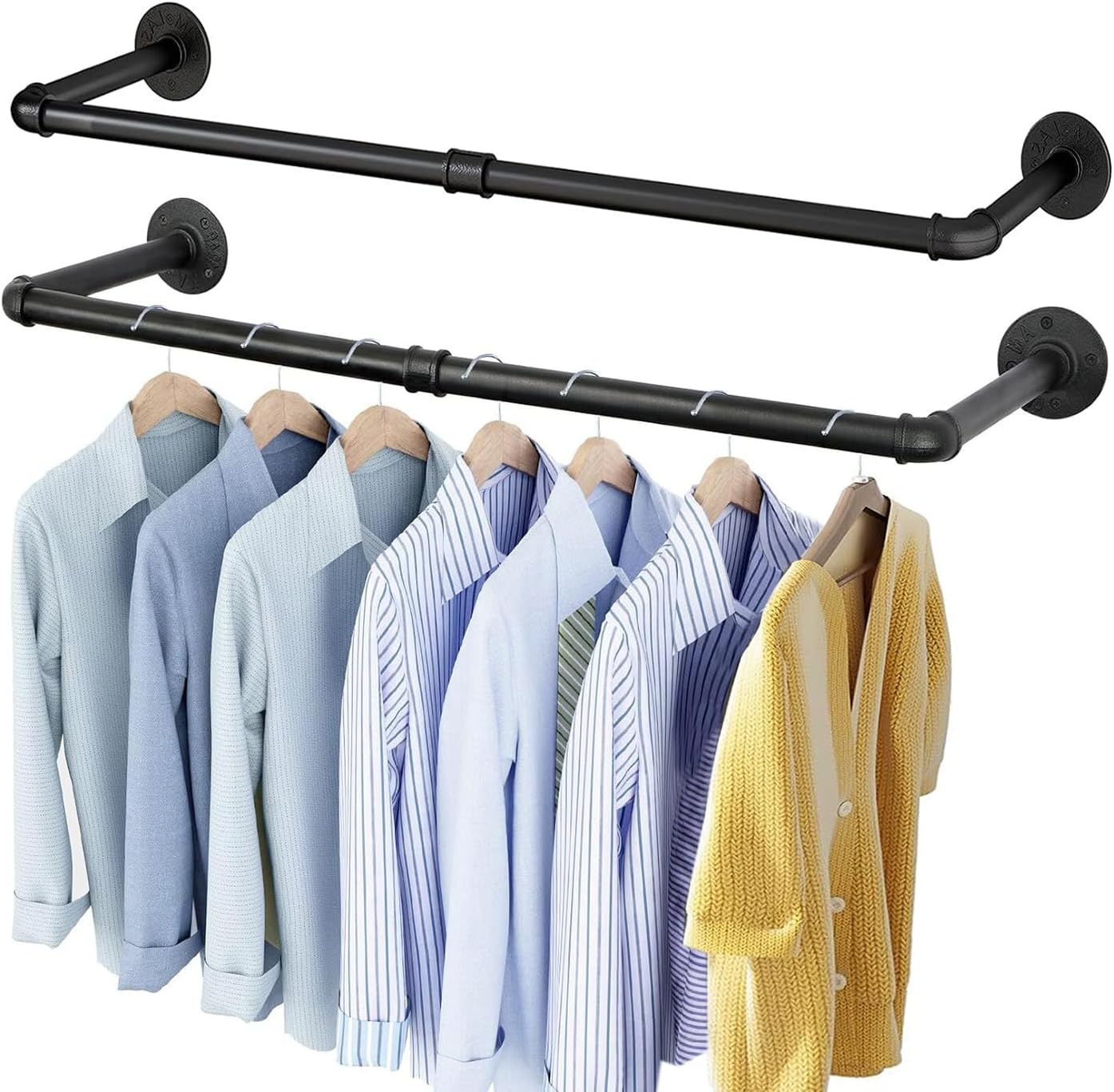 Clothing Rack Wall Mount, 2 Pack Industrial Pipe Clothes Rack 91.5CM, Heavy Duty Iron Garment Rack Bar for Closet, Laundry Room, Multi Purpose Hanging Rod, Black